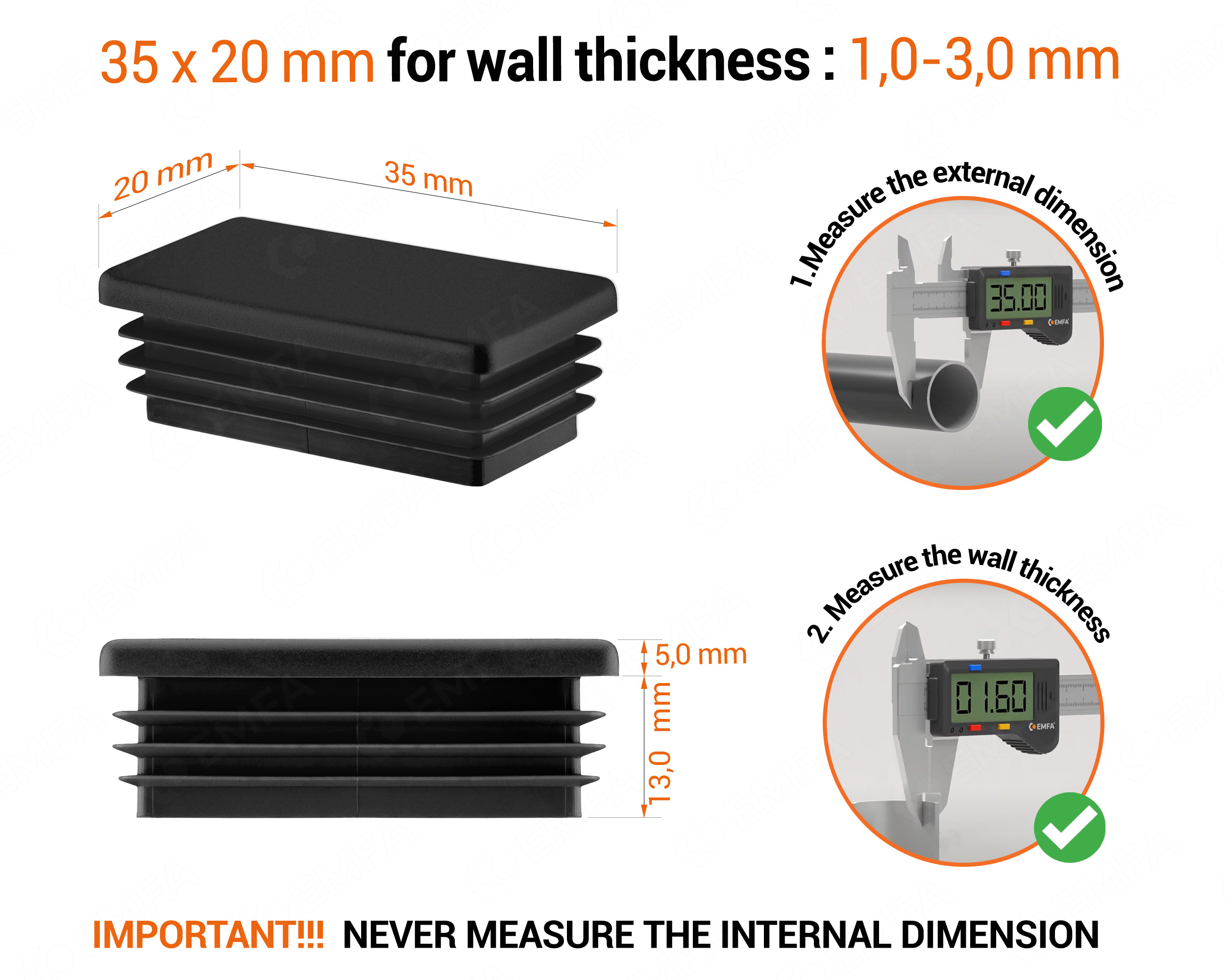 Black rectangular tube insert for 20x35 mm tube with technical dimensions and guide for correct measurement of the end caps.