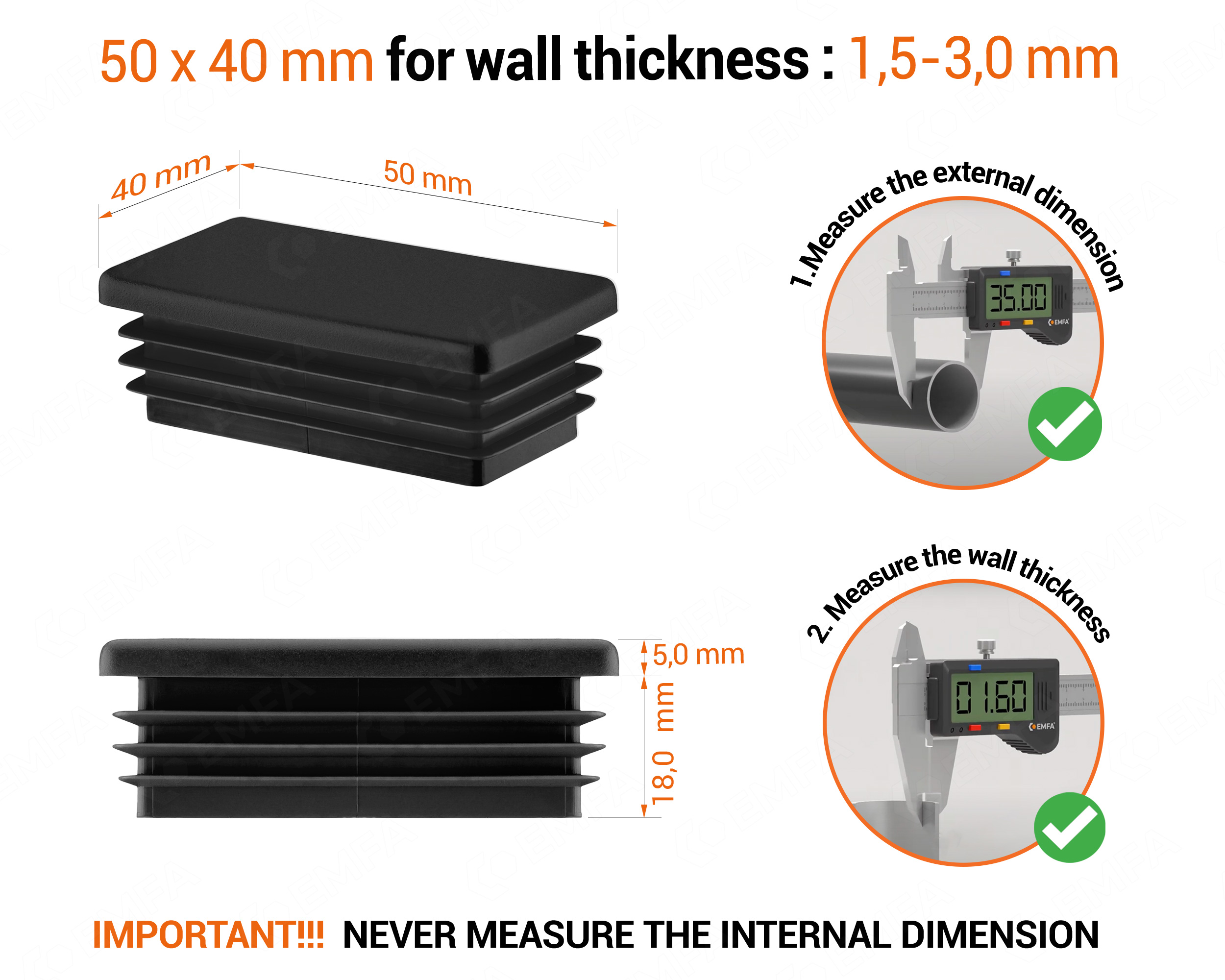 Black rectangular tube insert for 40x50 mm tube with technical dimensions and guide for correct measurement of the end caps.