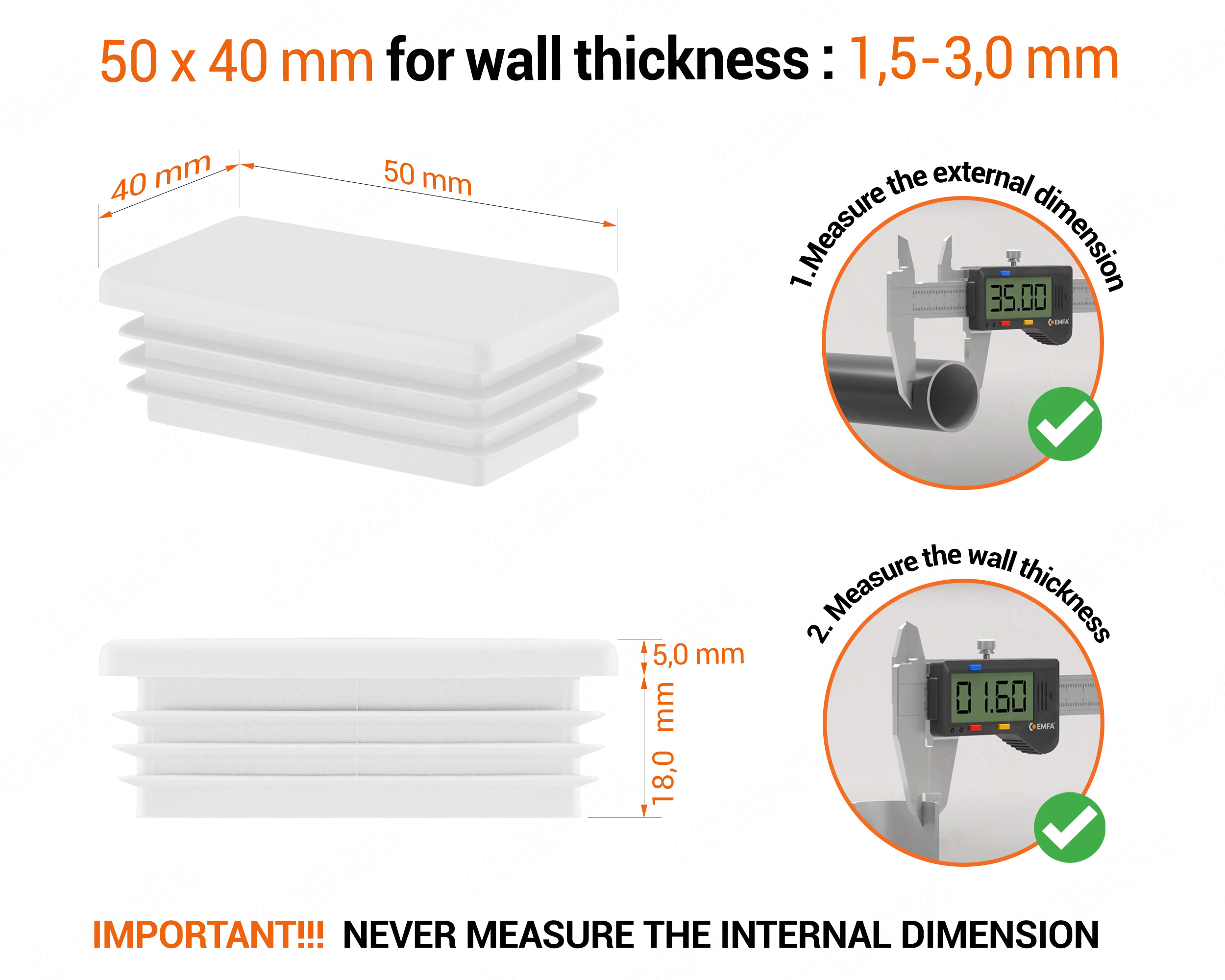 White rectangular tube insert for 40x50 mm tube with technical dimensions and guide for correct measurement of the end caps.