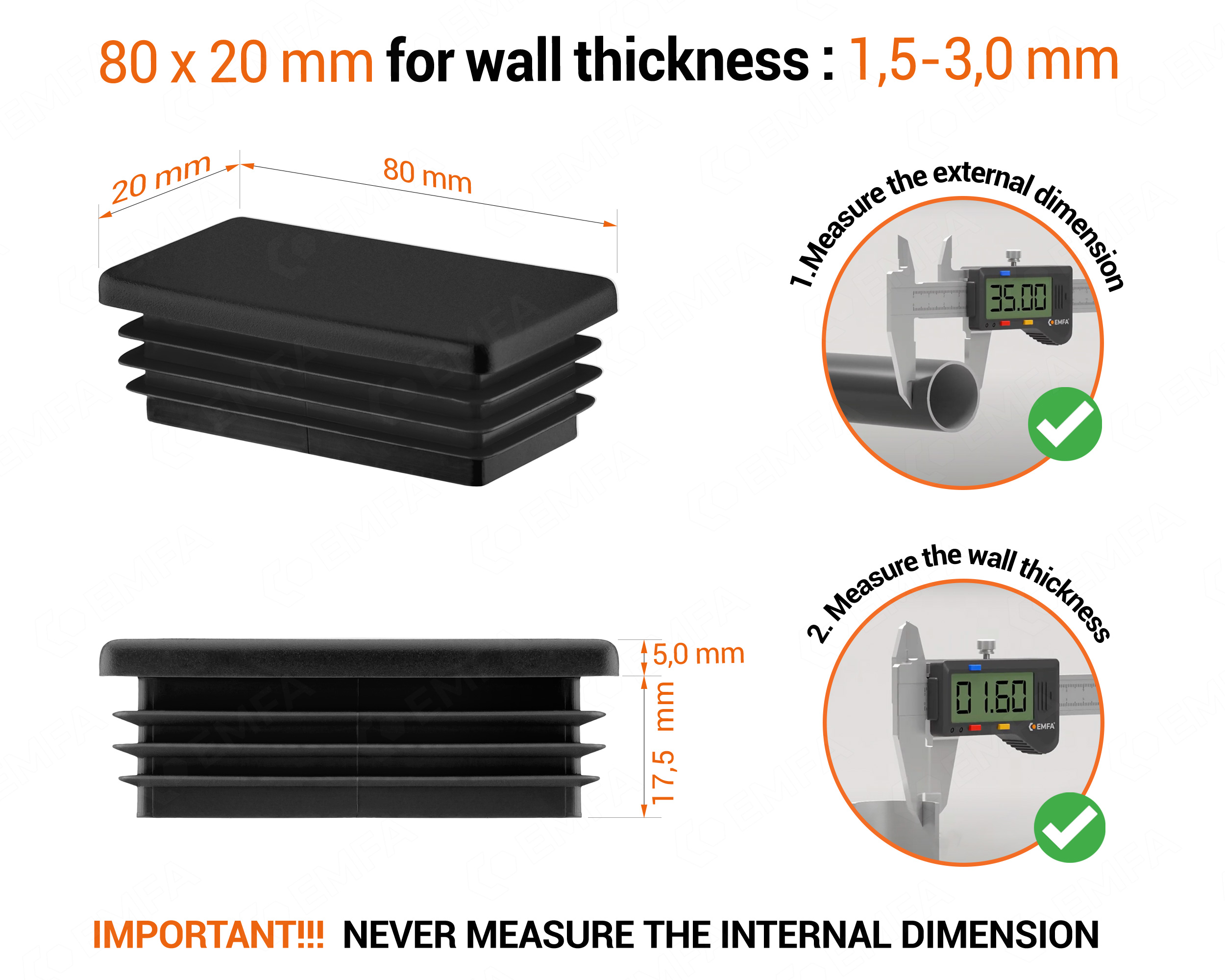 Black rectangular tube insert for 20x80 mm tube with technical dimensions and guide for correct measurement of the end caps.