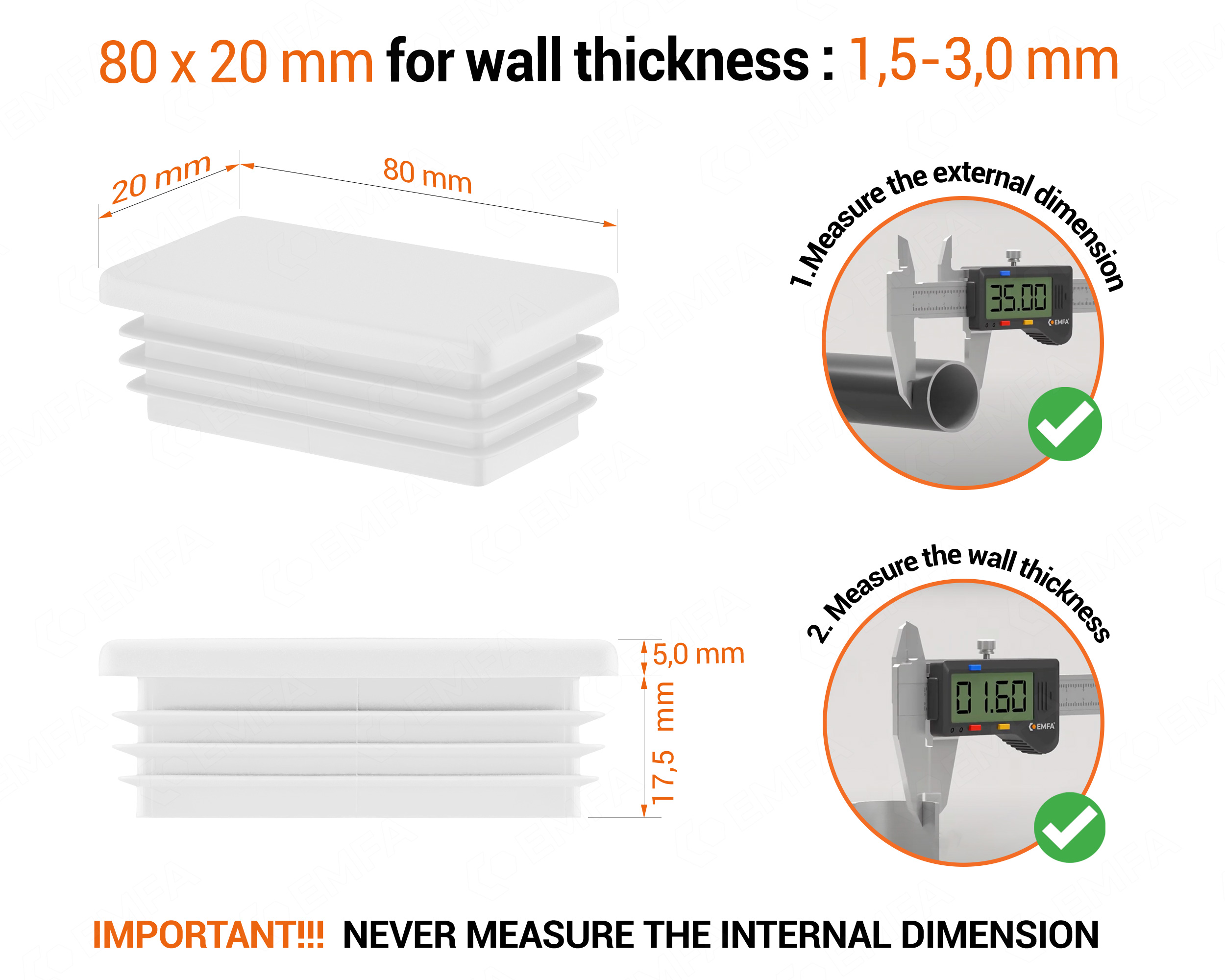 White rectangular tube insert for 20x80 mm tube with technical dimensions and guide for correct measurement of the end caps.