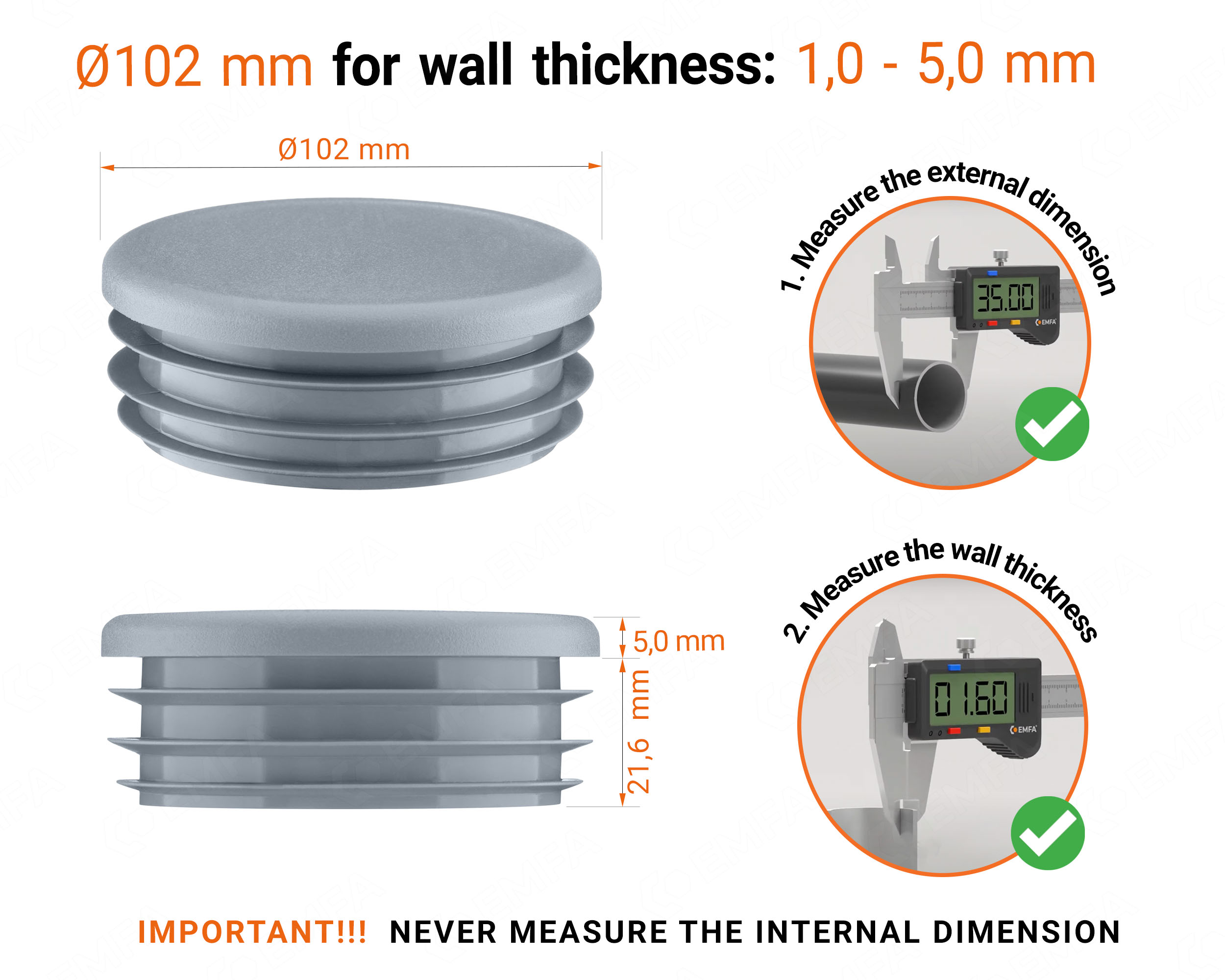 Grey round plastic end caps for 102 mm tube with technical dimensions and guide for correct measurement of the round tube inserts.