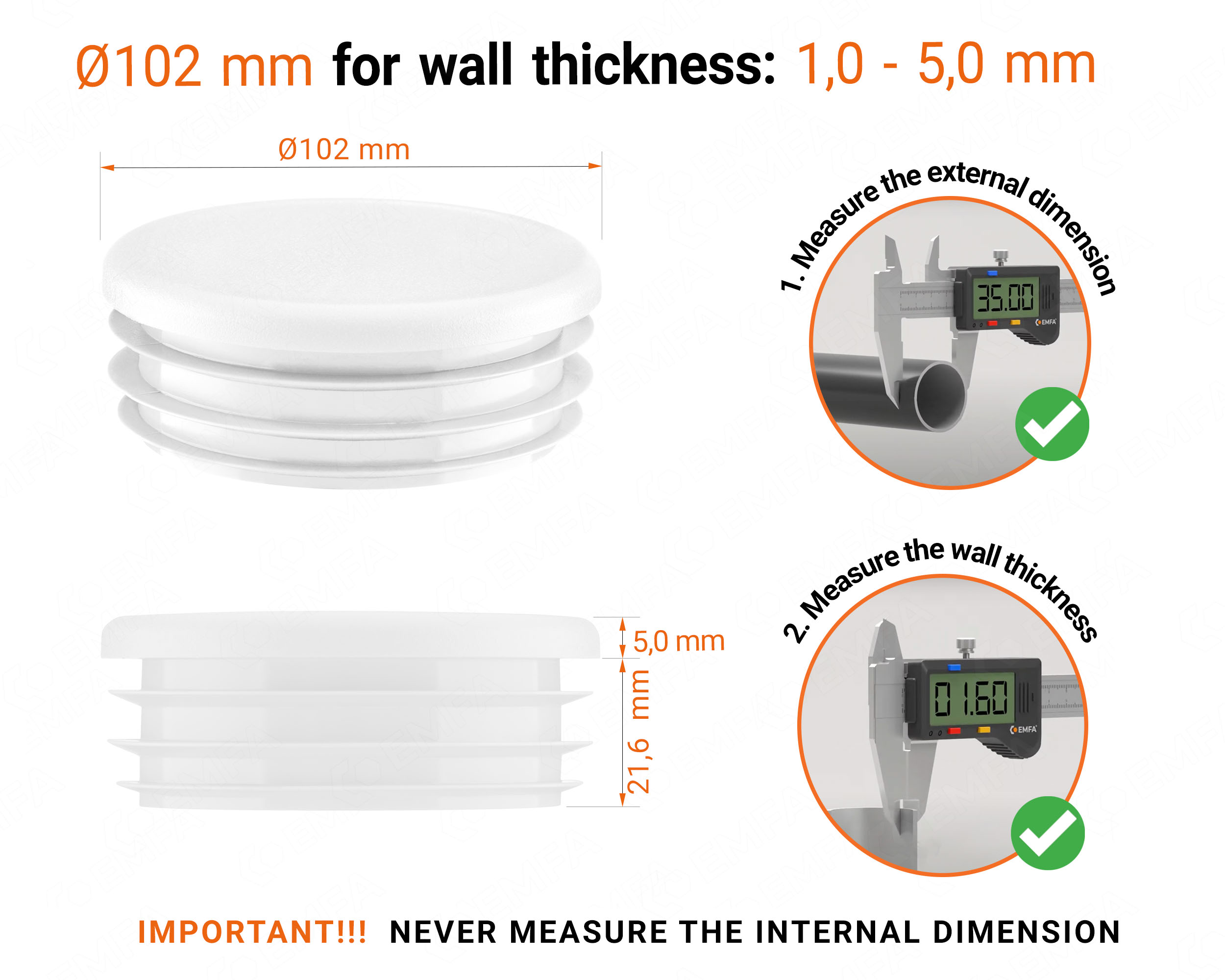 White round plastic end caps for 102 mm tube with technical dimensions and guide for correct measurement of the round tube inserts.