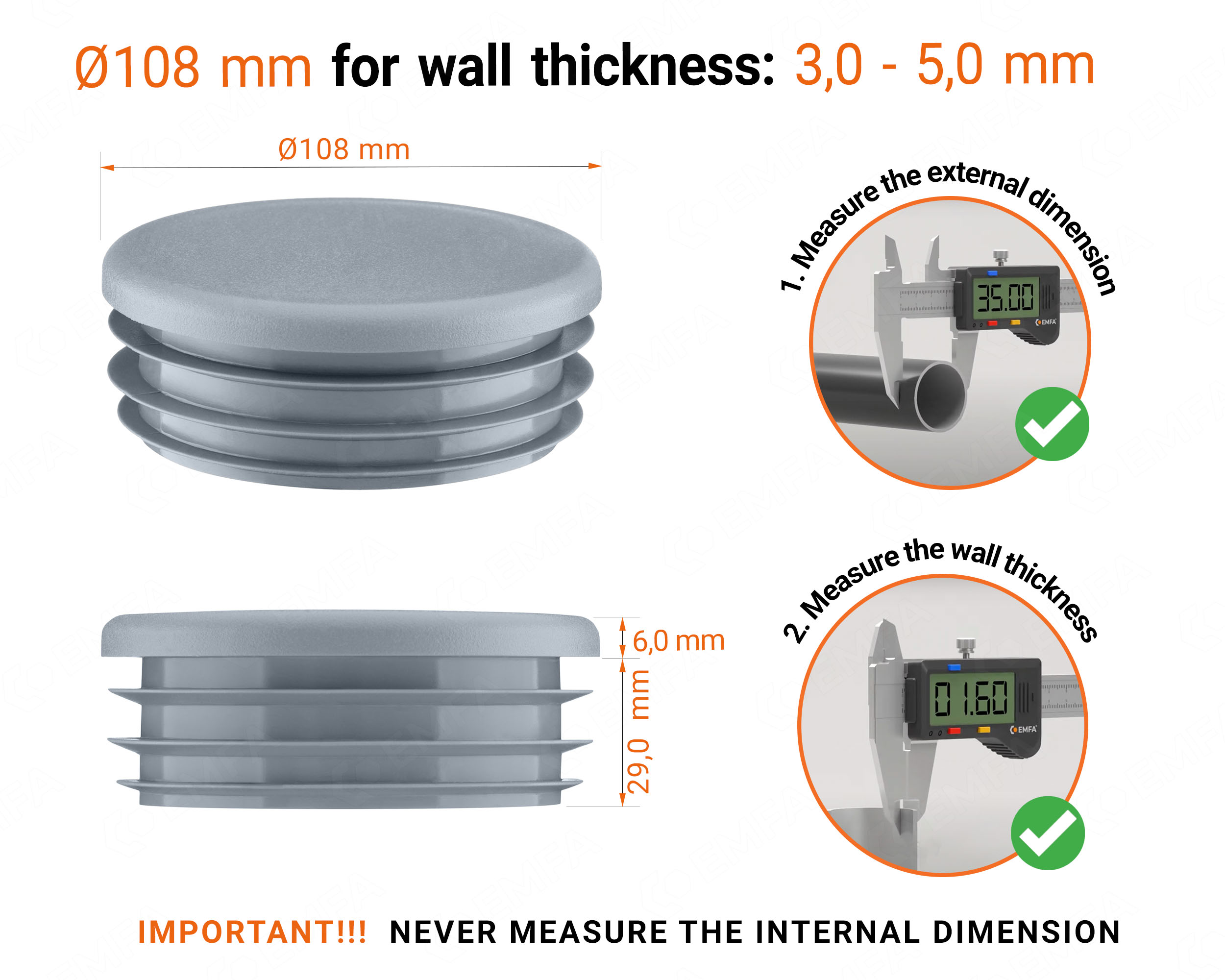 Grey round plastic end caps for 108 mm tube with technical dimensions and guide for correct measurement of the round tube inserts.