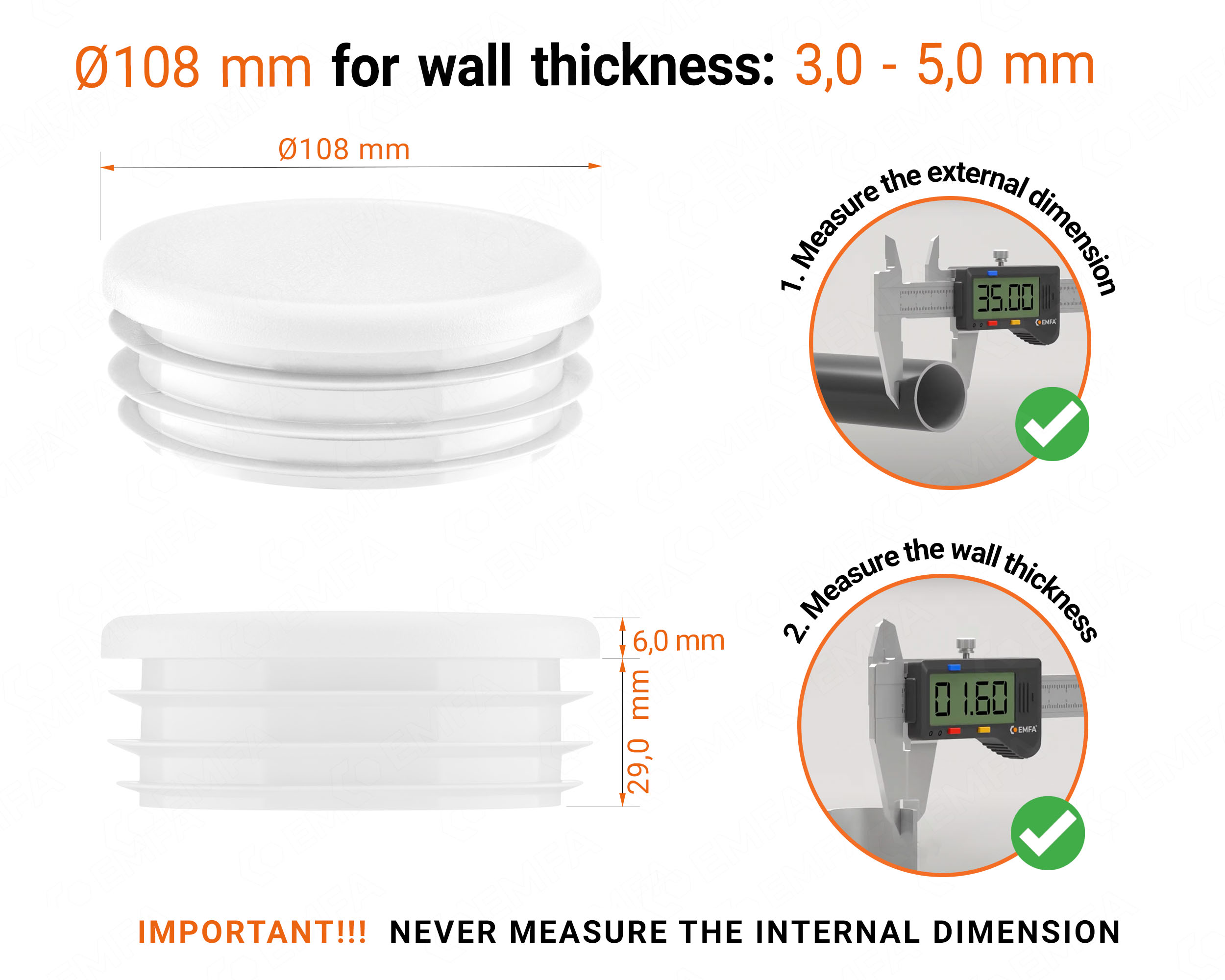 White round plastic end caps for 108 mm tube with technical dimensions and guide for correct measurement of the round tube inserts.