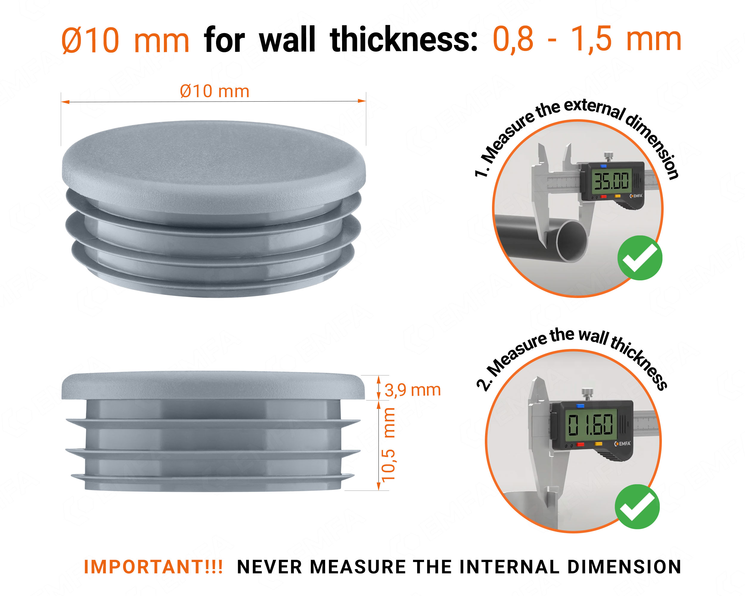 Grey round plastic end caps for 10 mm tube with technical dimensions and guide for correct measurement of the round tube inserts.