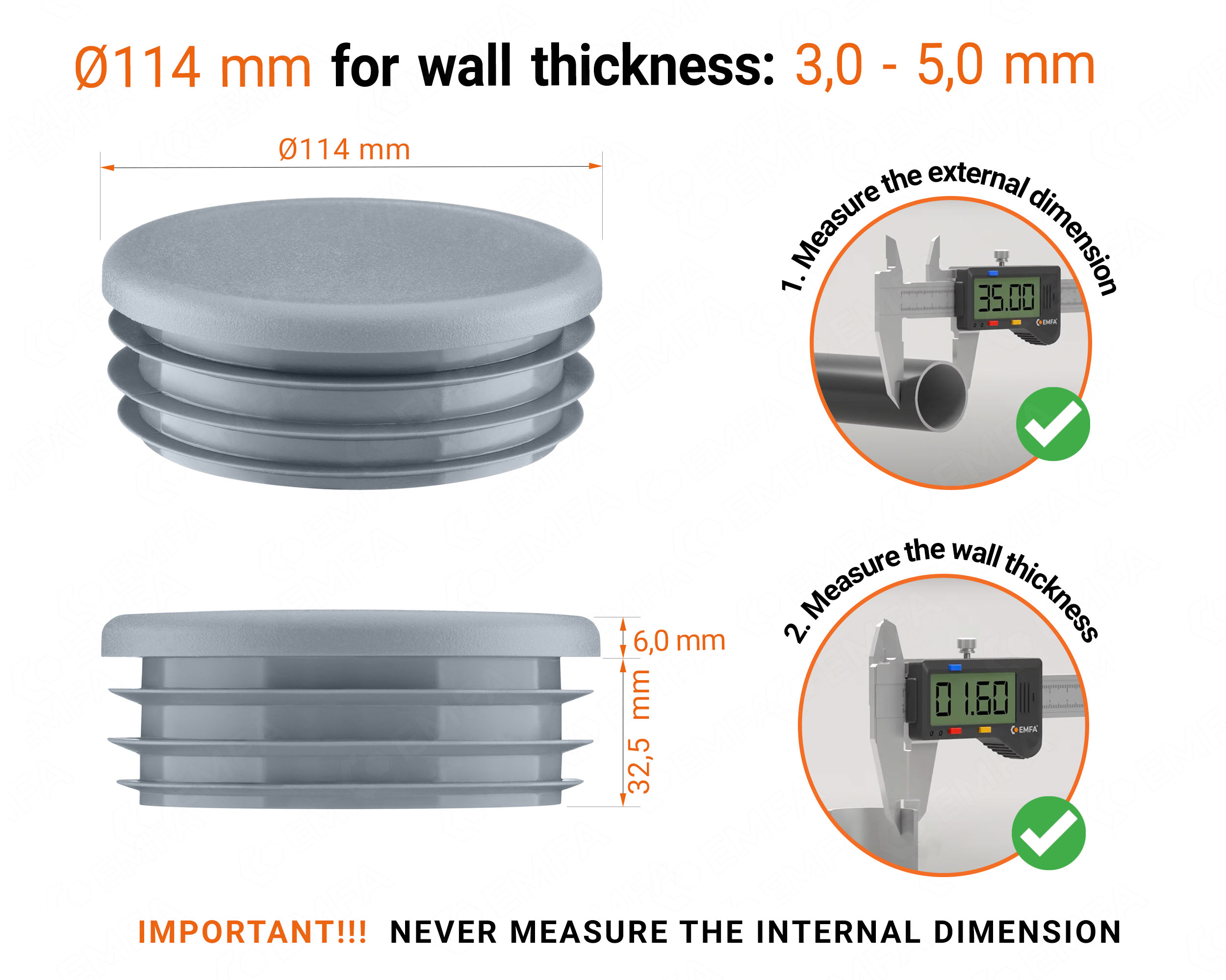 Grey round plastic end caps for 114 mm tube with technical dimensions and guide for correct measurement of the round tube inserts.