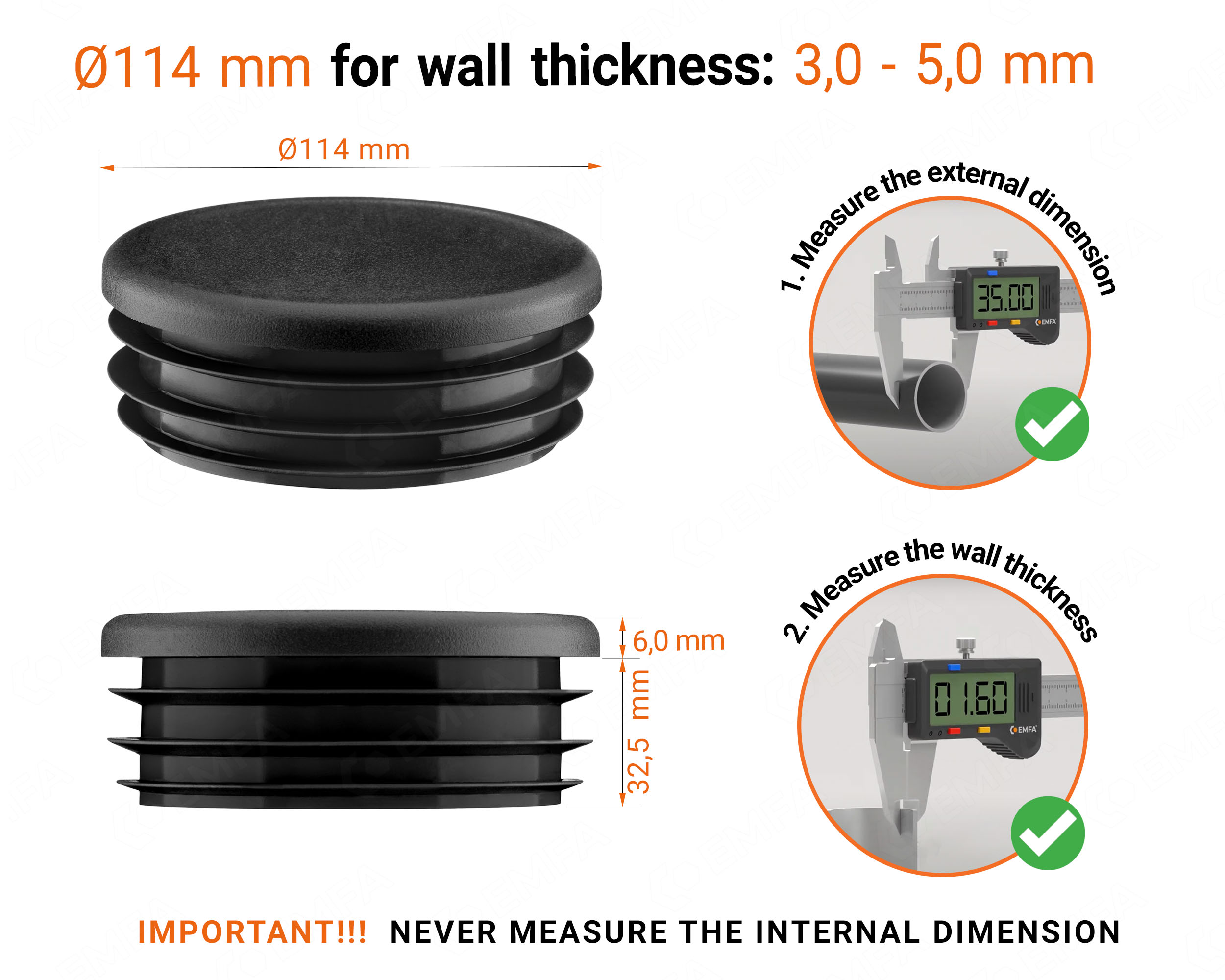 Black round plastic end caps for 114 mm tube with technical dimensions and guide for correct measurement of the round tube inserts.