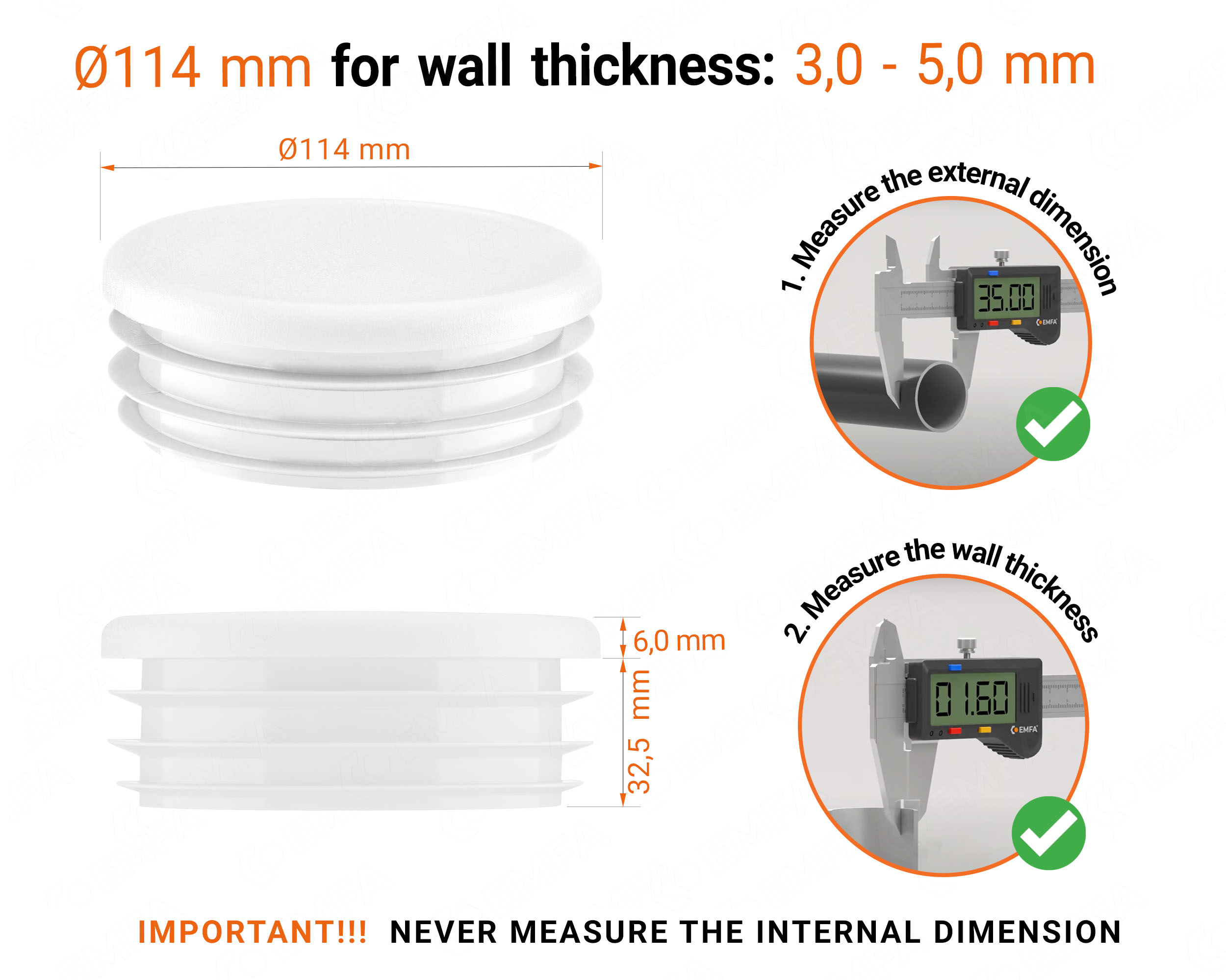 White round plastic end caps for 114 mm tube with technical dimensions and guide for correct measurement of the round tube inserts.