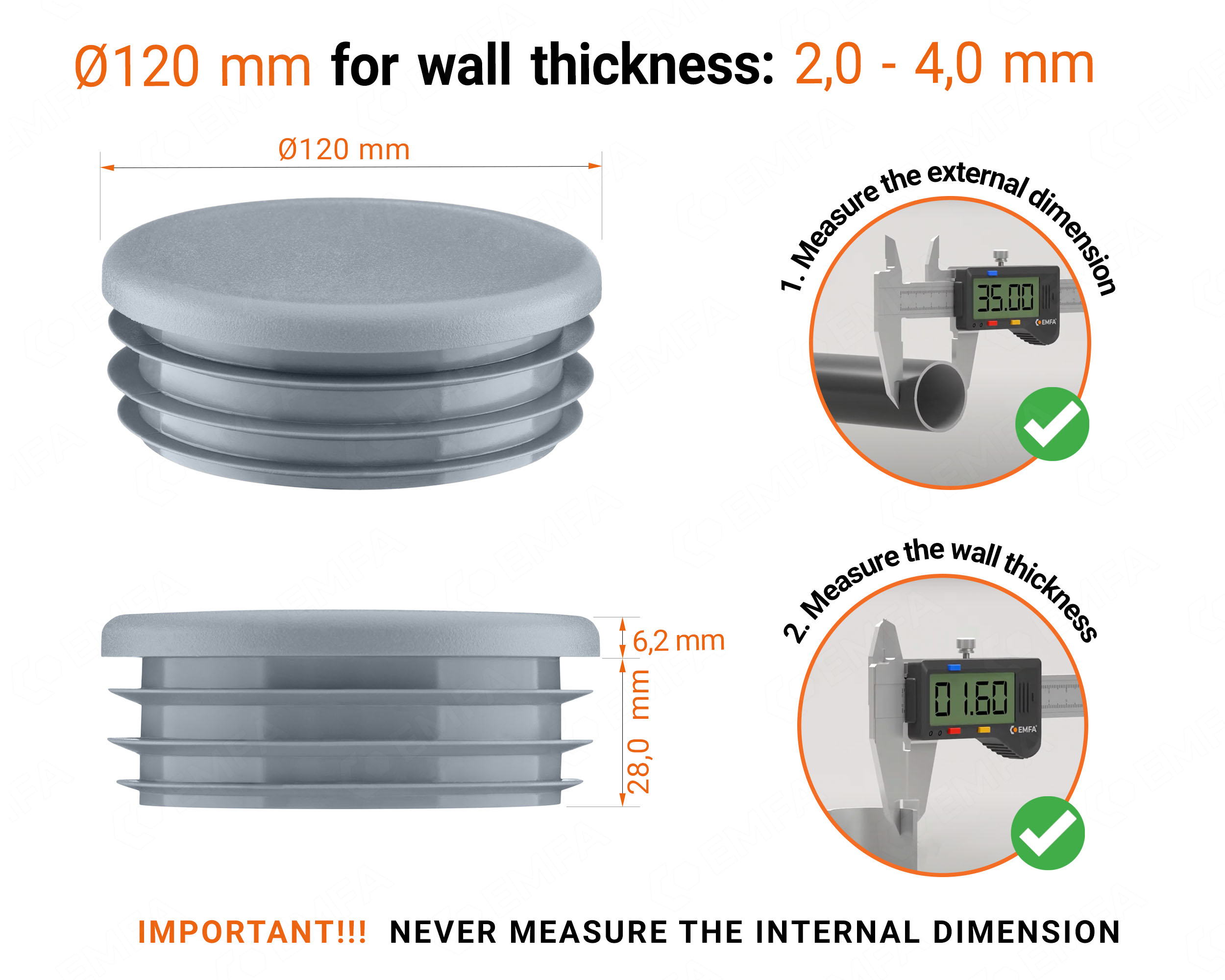 Grey round plastic end caps for 120 mm tube with technical dimensions and guide for correct measurement of the round tube inserts.