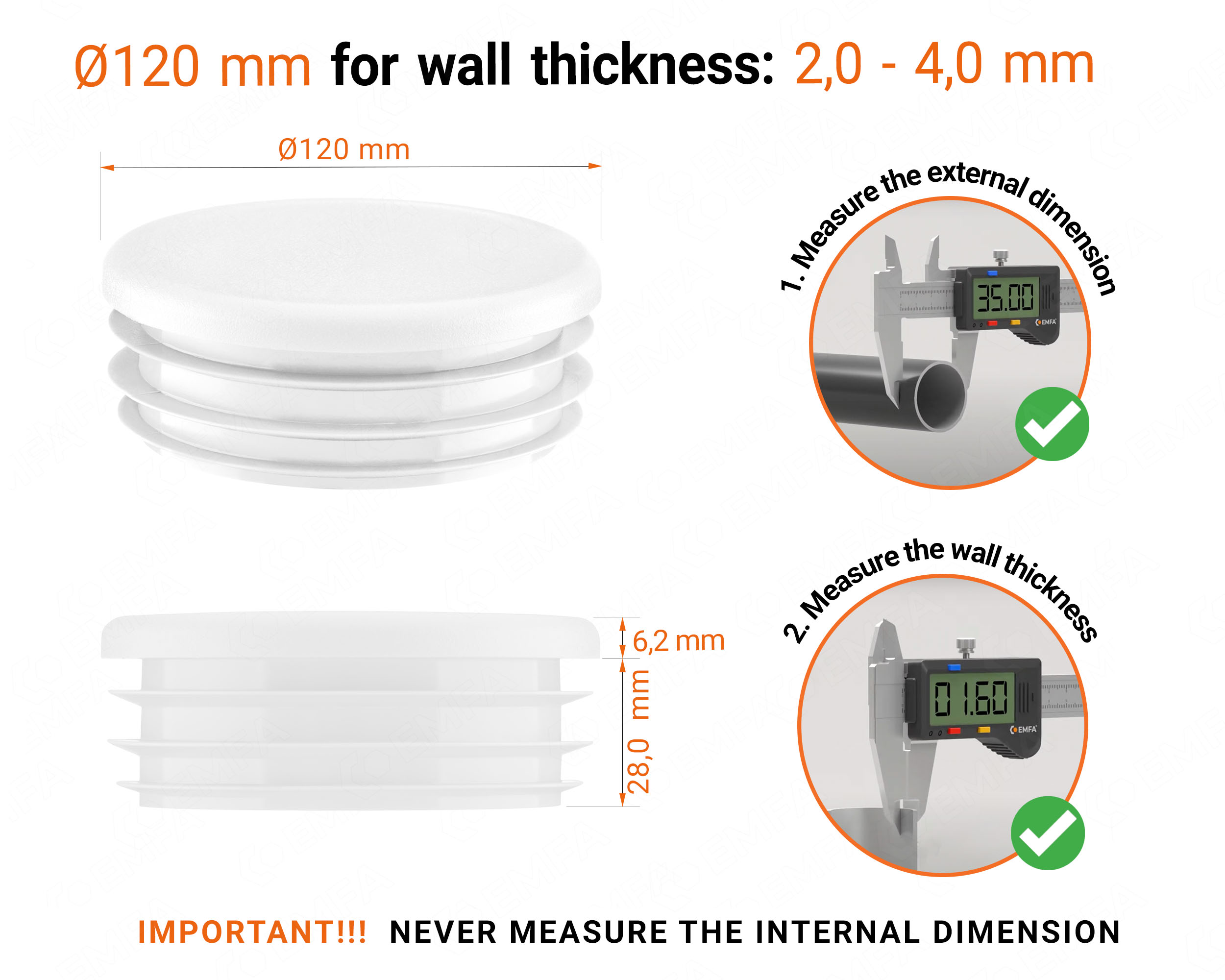 White round plastic end caps for 120 mm tube with technical dimensions and guide for correct measurement of the round tube inserts.