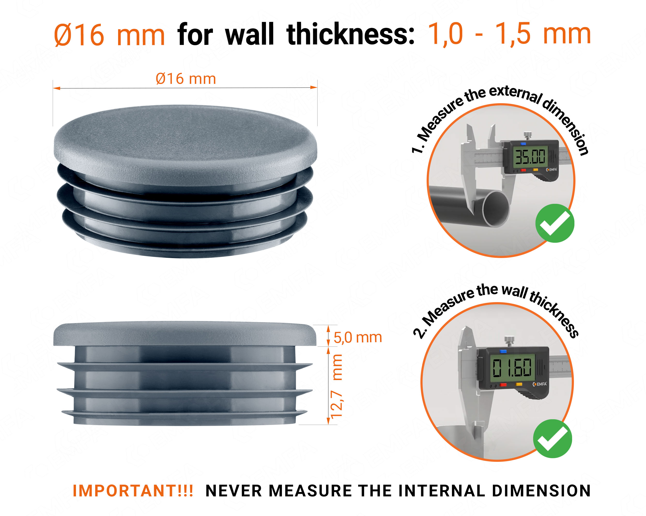 Anthracite round plastic end caps for 16 mm tube with technical dimensions and guide for correct measurement of the round tube inserts.