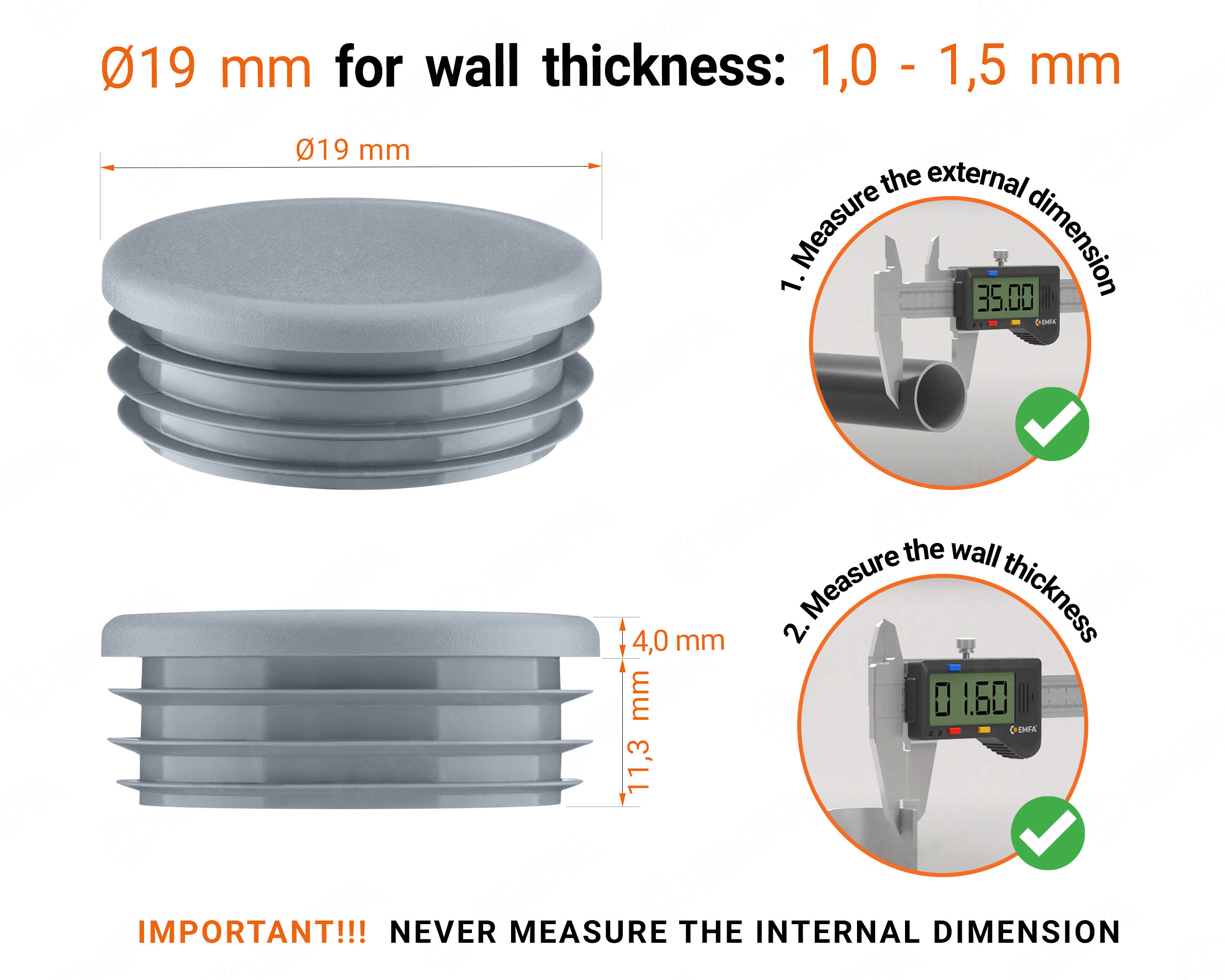 Grey round plastic end caps for 19 mm tube with technical dimensions and guide for correct measurement of the round tube inserts.