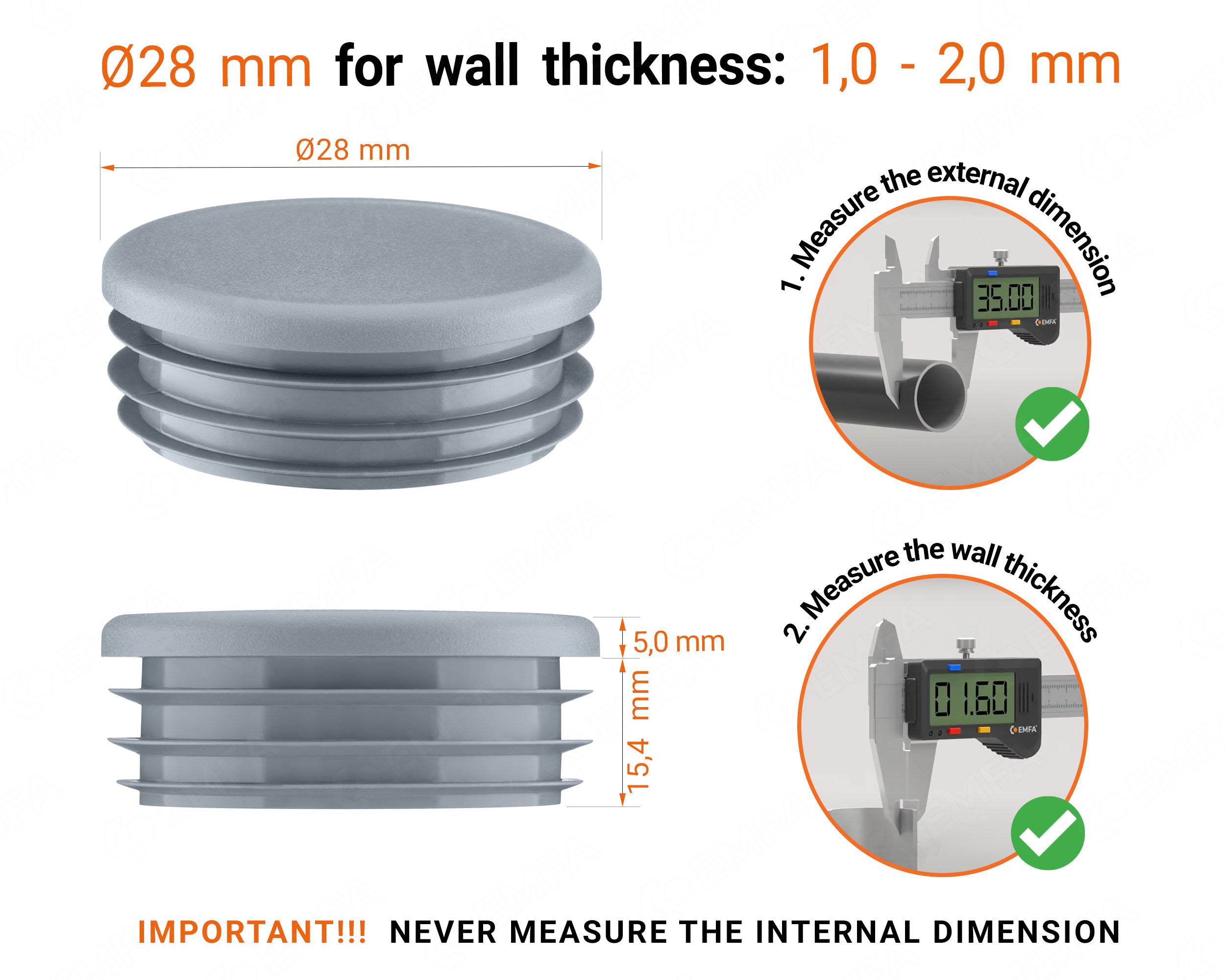 Grey round plastic end caps for 28 mm tube with technical dimensions and guide for correct measurement of the round tube inserts.