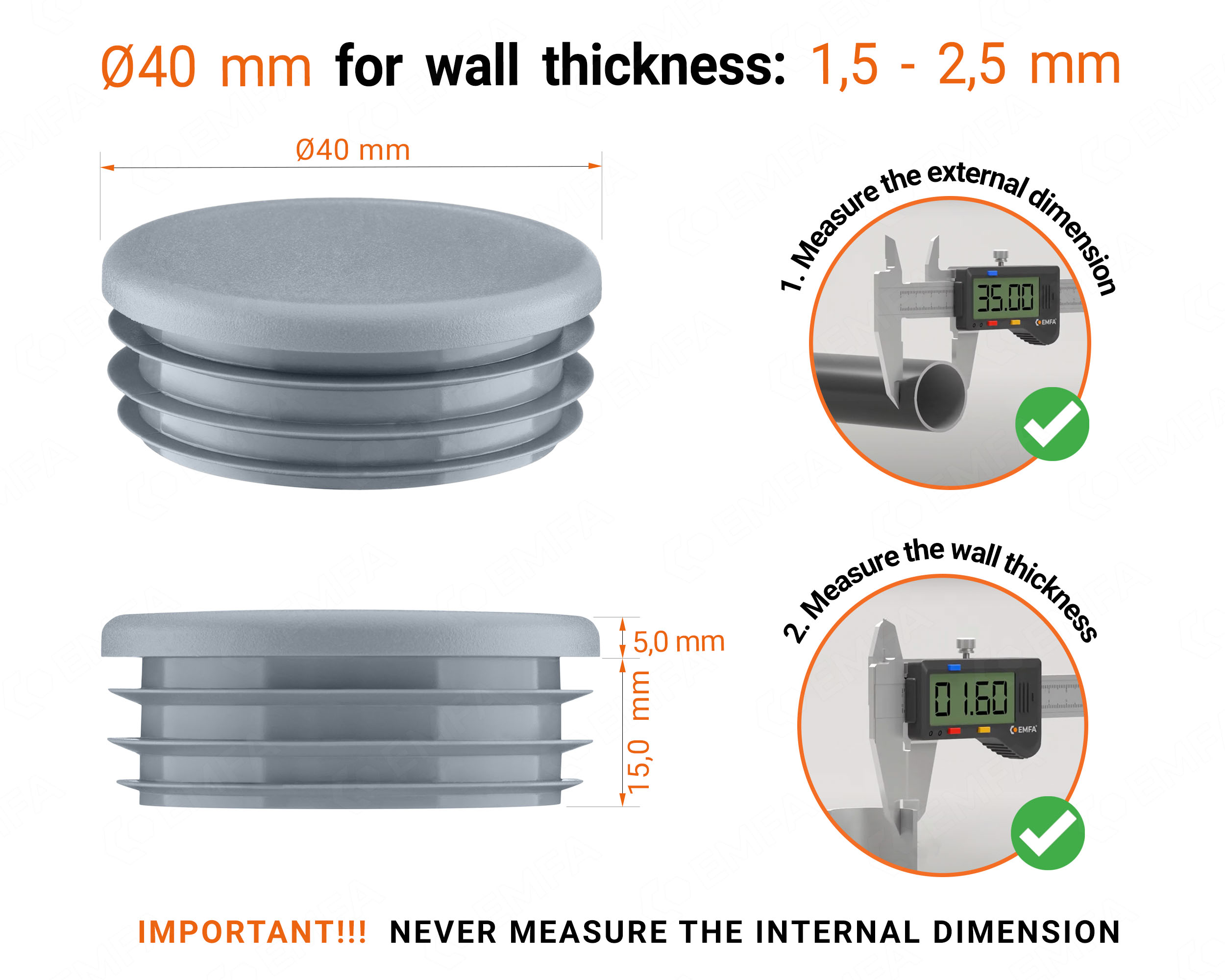 Grey round plastic end caps for 40 mm tube with technical dimensions and guide for correct measurement of the round tube inserts.