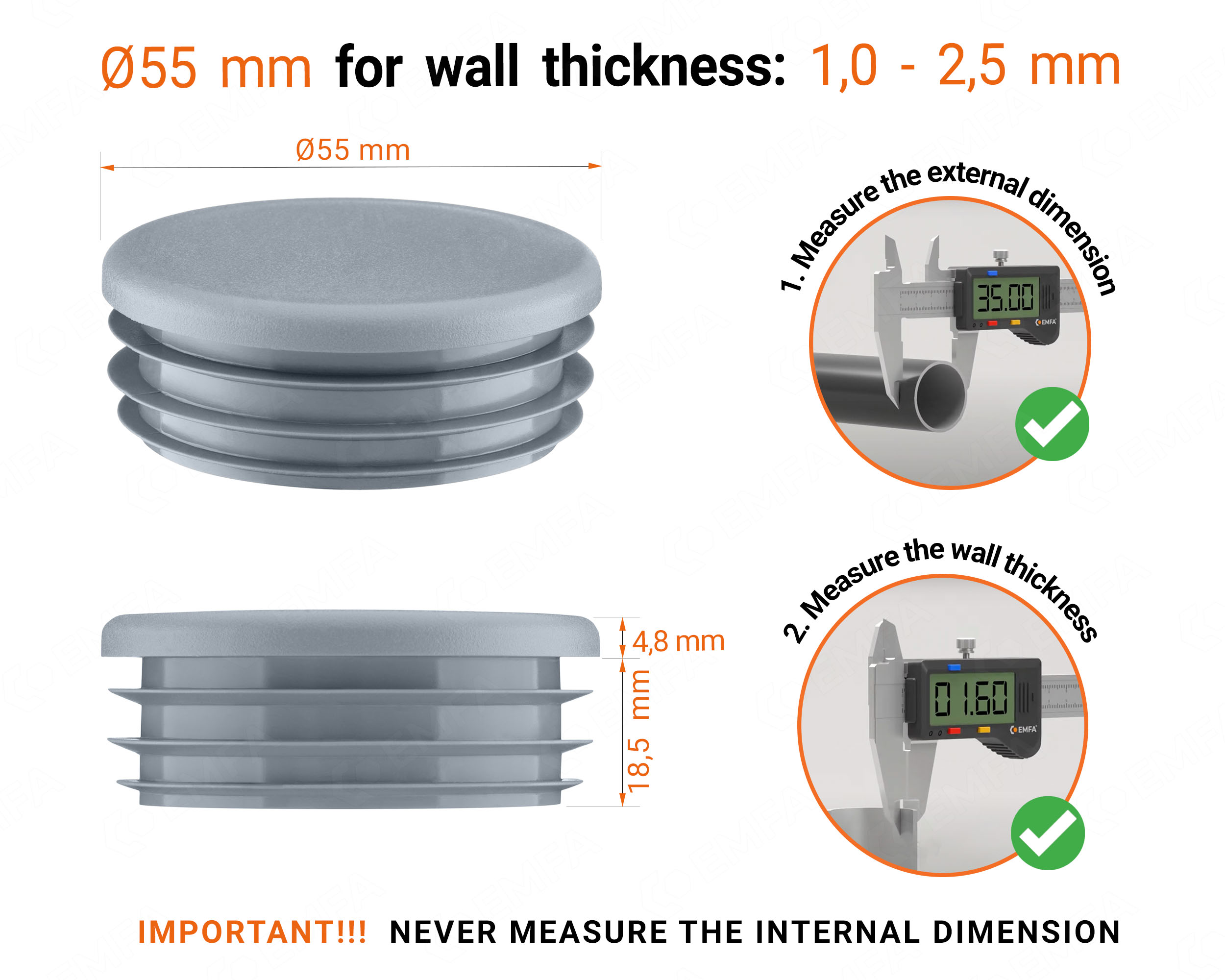 Grey round plastic end caps for 55 mm tube with technical dimensions and guide for correct measurement of the round tube inserts.