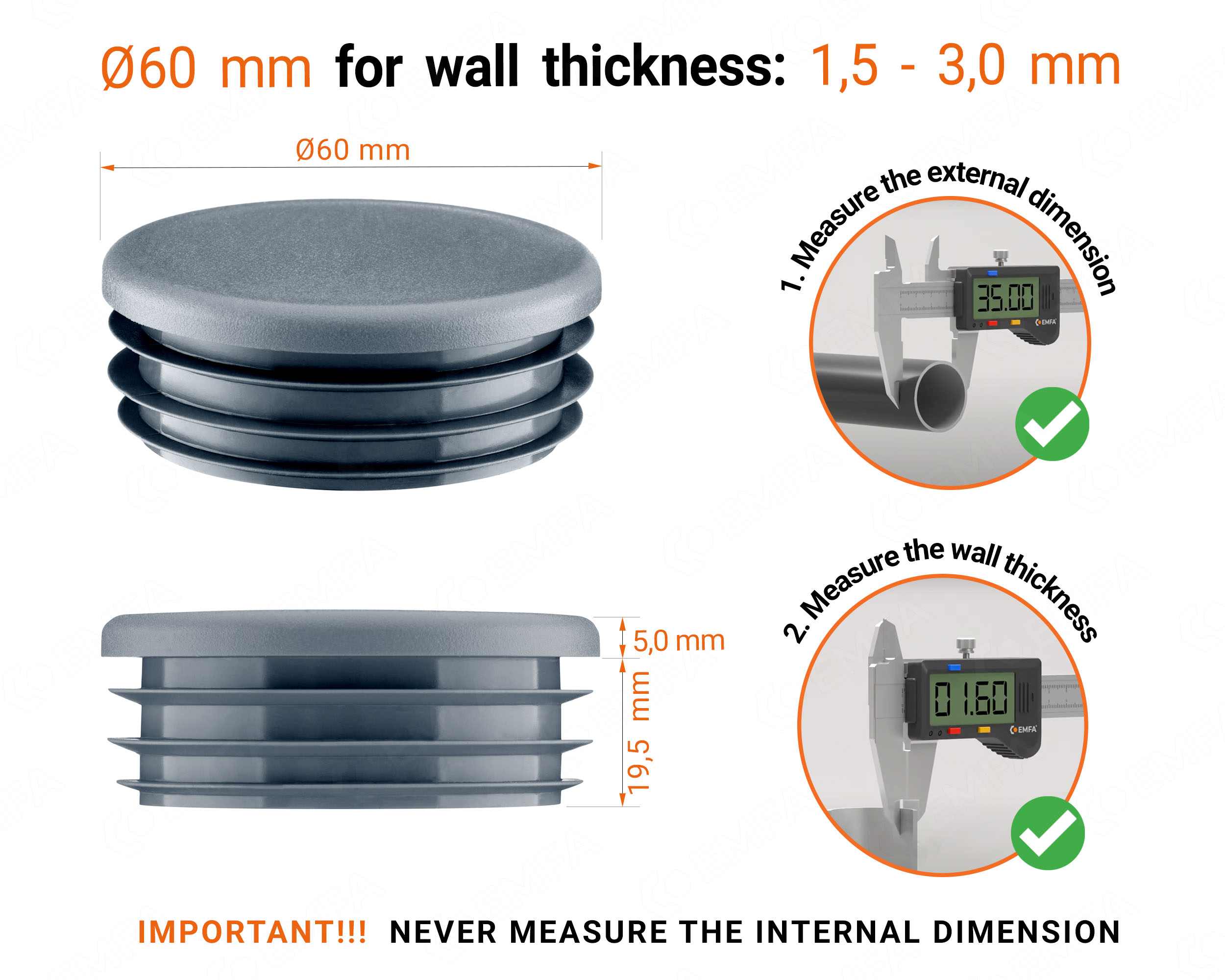 Anthracite round plastic end caps for 60 mm tube with technical dimensions and guide for correct measurement of the round tube inserts.