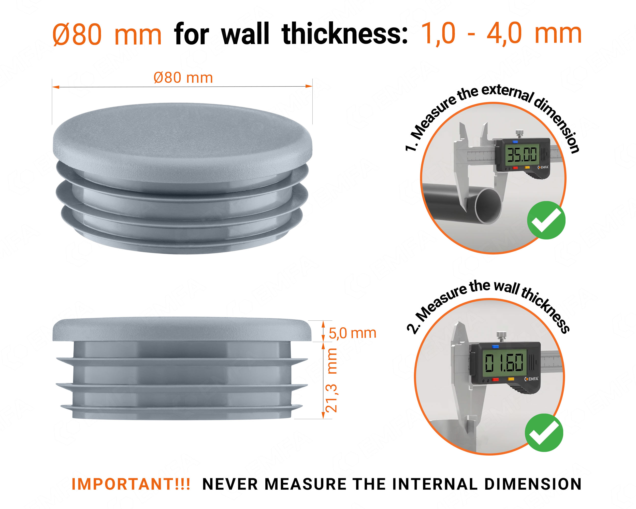 Grey round plastic end caps for 80 mm tube with technical dimensions and guide for correct measurement of the round tube inserts.