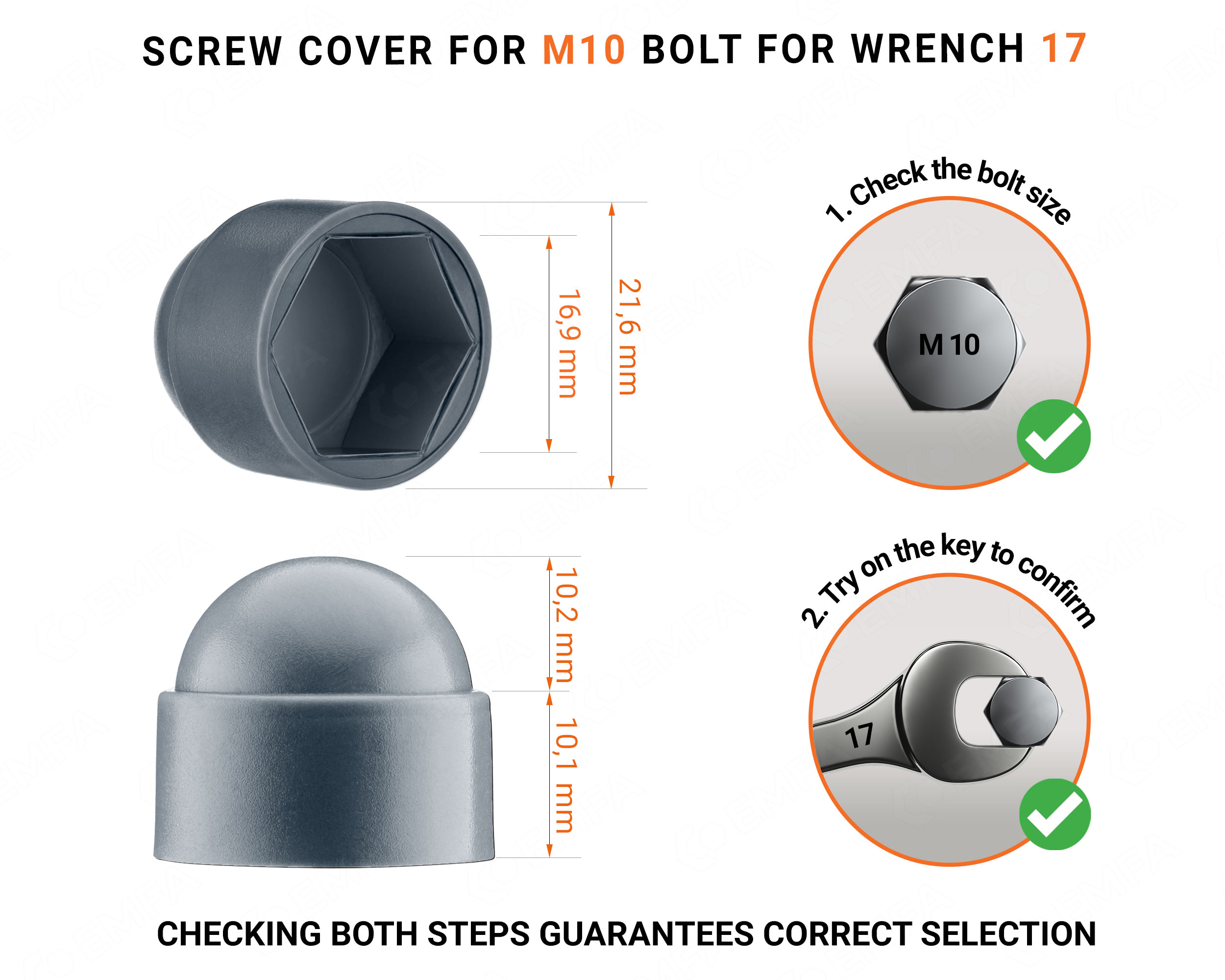 Plastic cap nut for M10 screw, M10 nut cap and 17 mm key in Anthracite colour with dimensions and guide for correct measurement of the plastic screw cap.