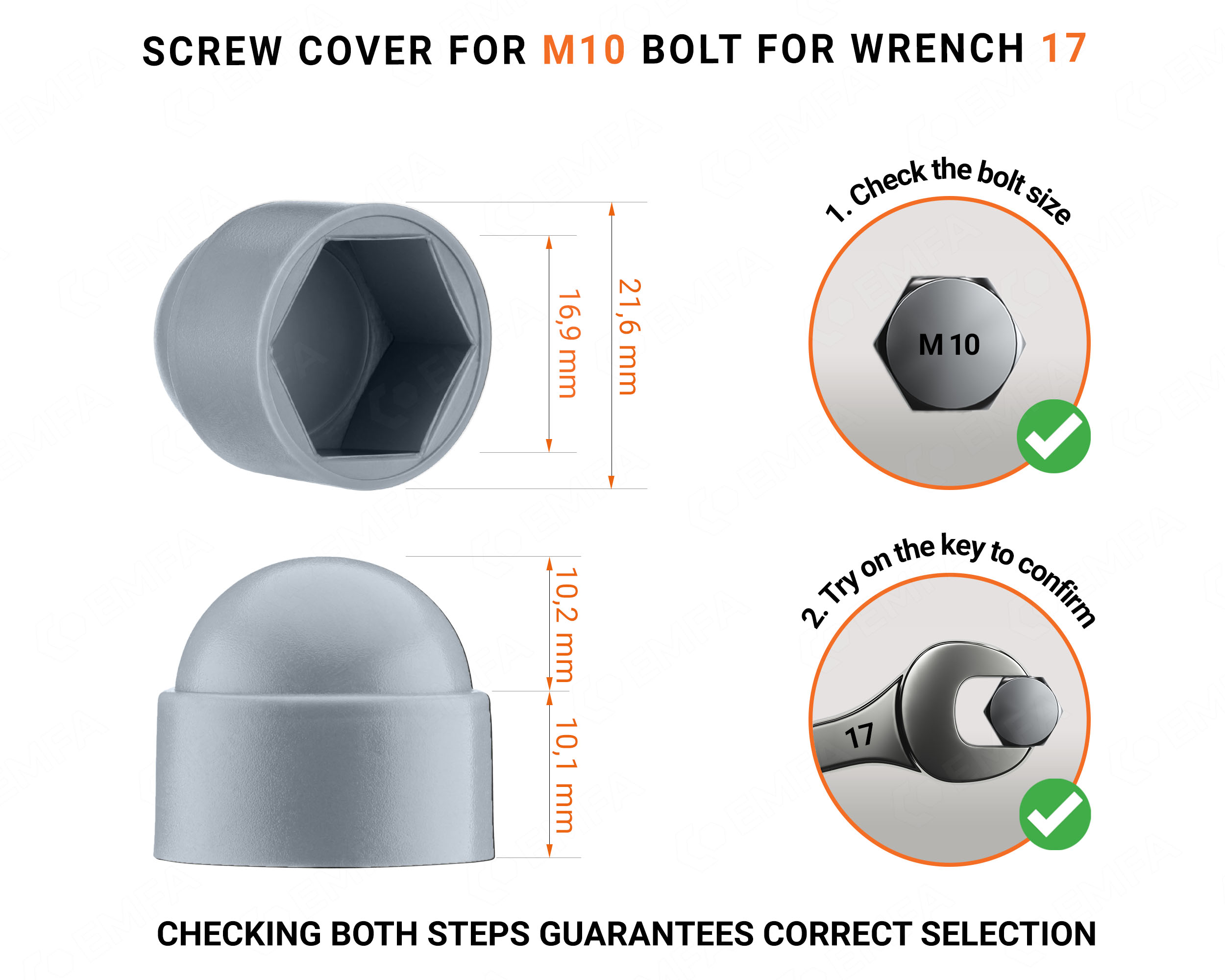 Plastic cap nut for M10 screw, M10 nut cap and 17 mm key in Grey colour with dimensions and guide for correct measurement of the plastic screw cap.