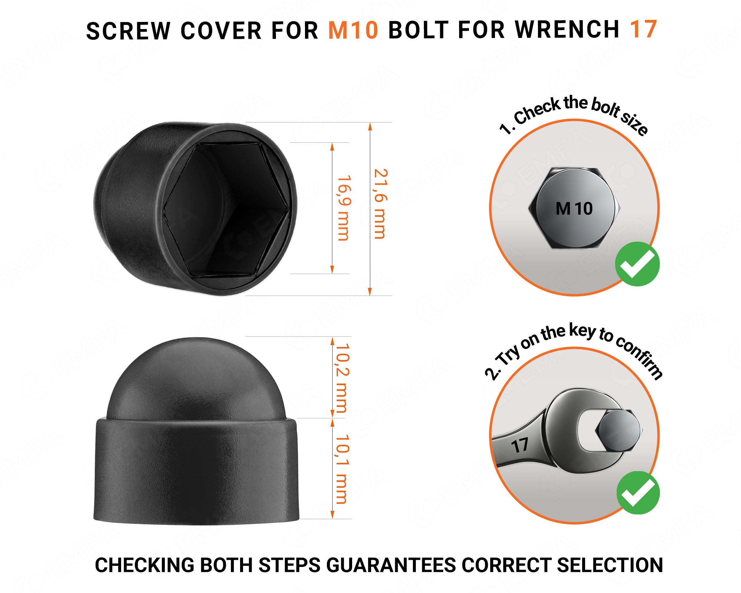 Plastic cap nut for M10 screw, M10 nut cap and 17 mm key in Black colour with dimensions and guide for correct measurement of the plastic screw cap.