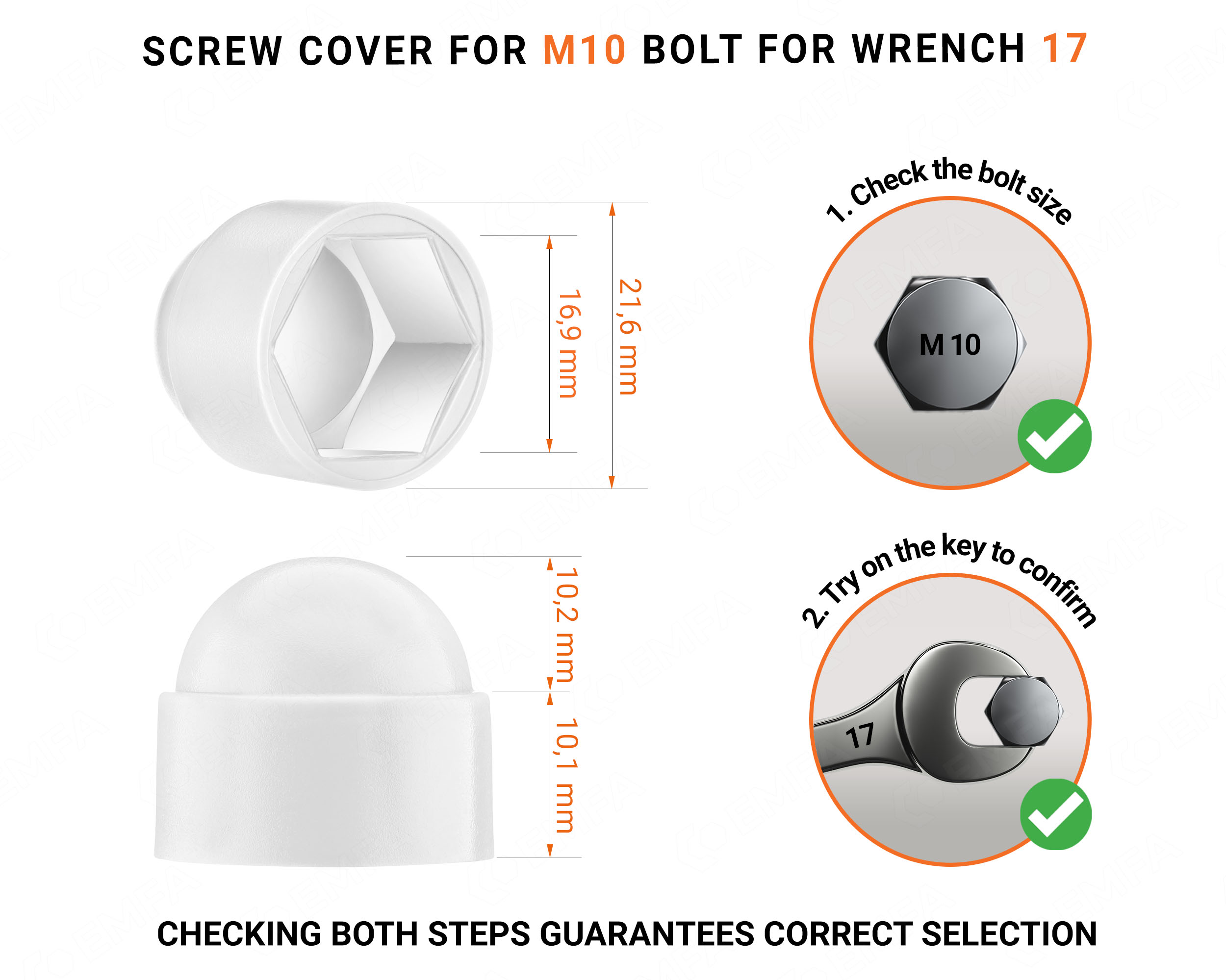 Plastic cap nut for M10 screw, M10 nut cap and 17 mm key in White colour with dimensions and guide for correct measurement of the plastic screw cap.