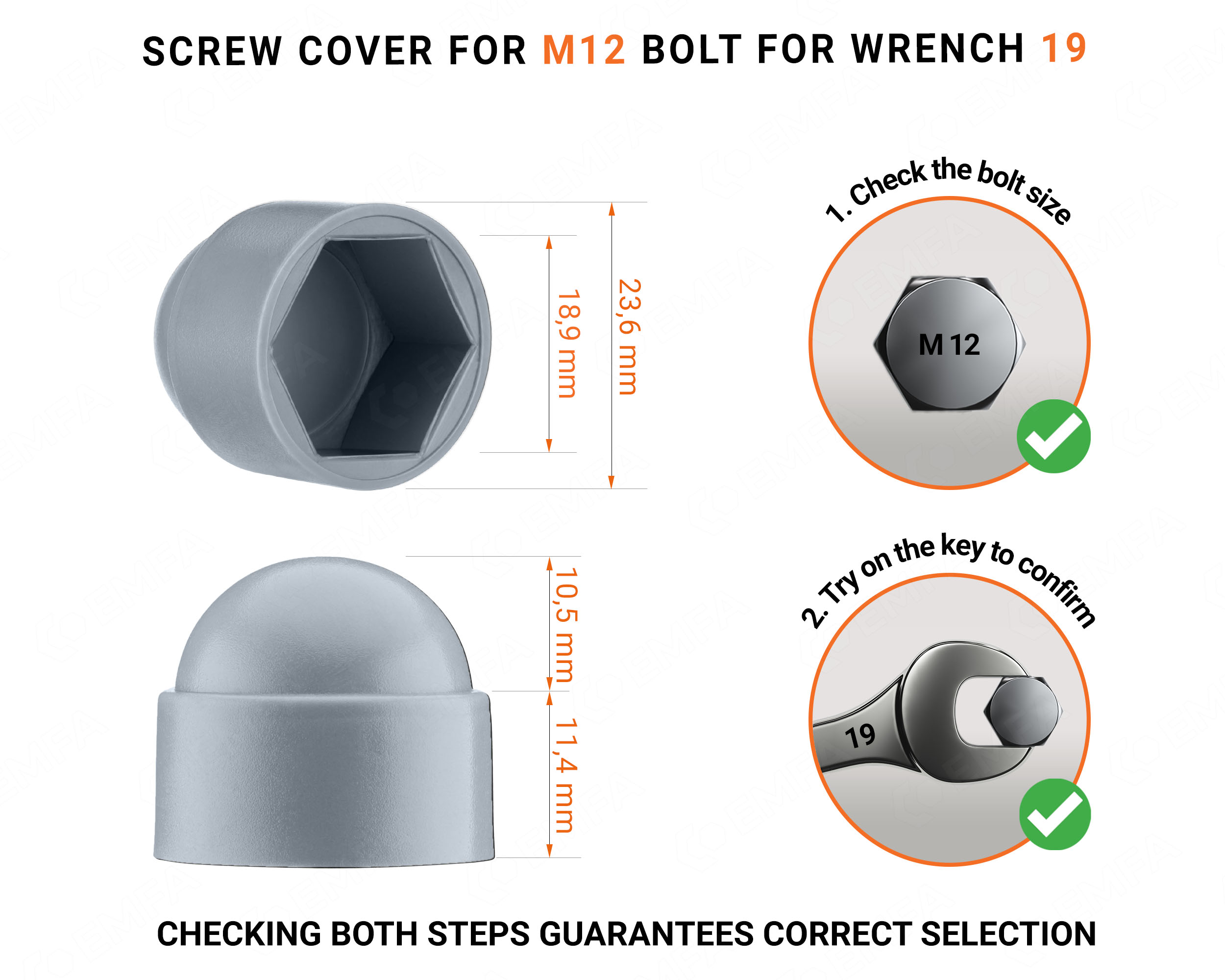 Plastic cap nut for M12 screw, M12 nut cap and 19 mm key in Grey colour with dimensions and guide for correct measurement of the plastic screw cap.