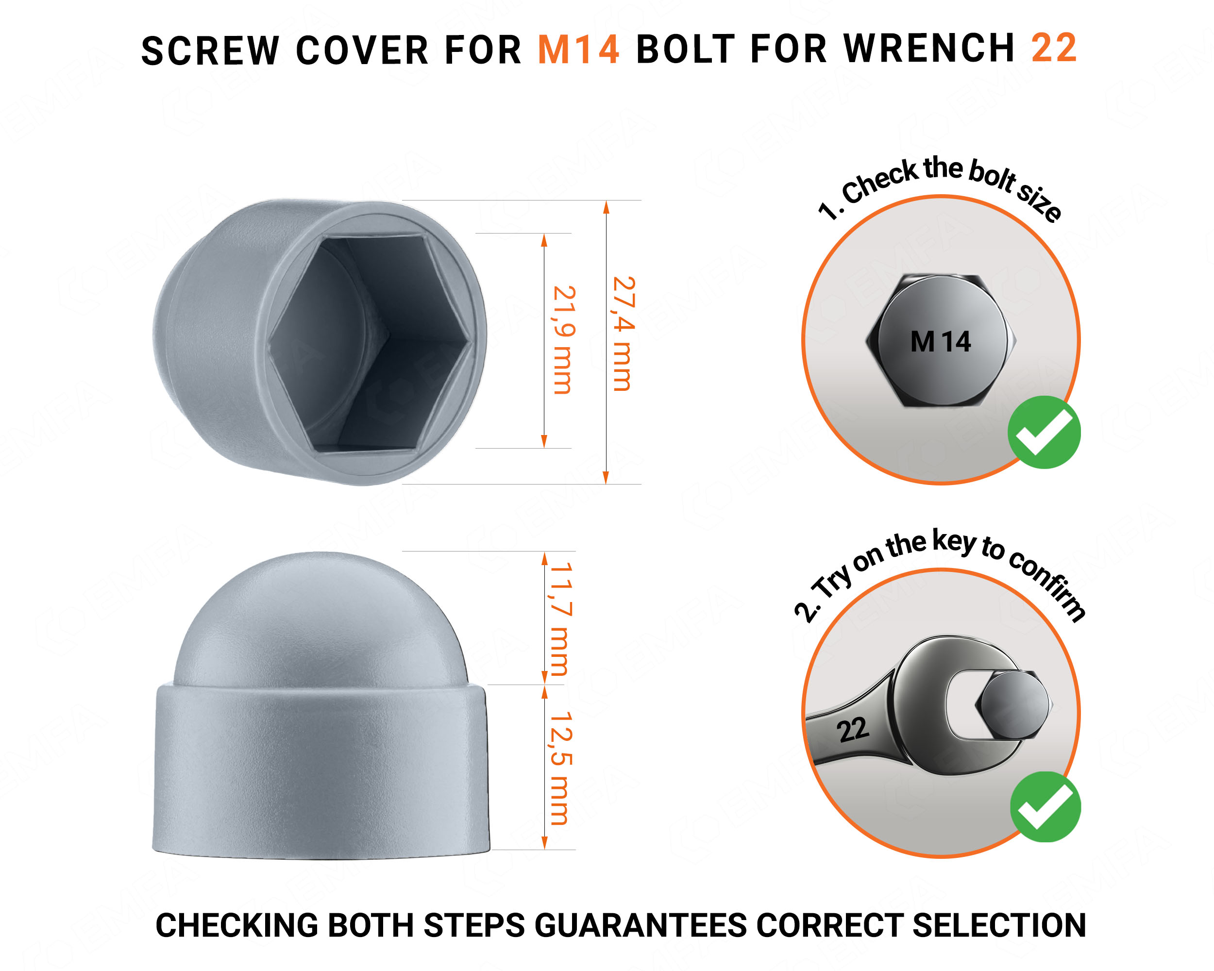 Plastic cap nut for M14 screw, M14 nut cap and 22 mm key in Grey colour with dimensions and guide for correct measurement of the plastic screw cap.