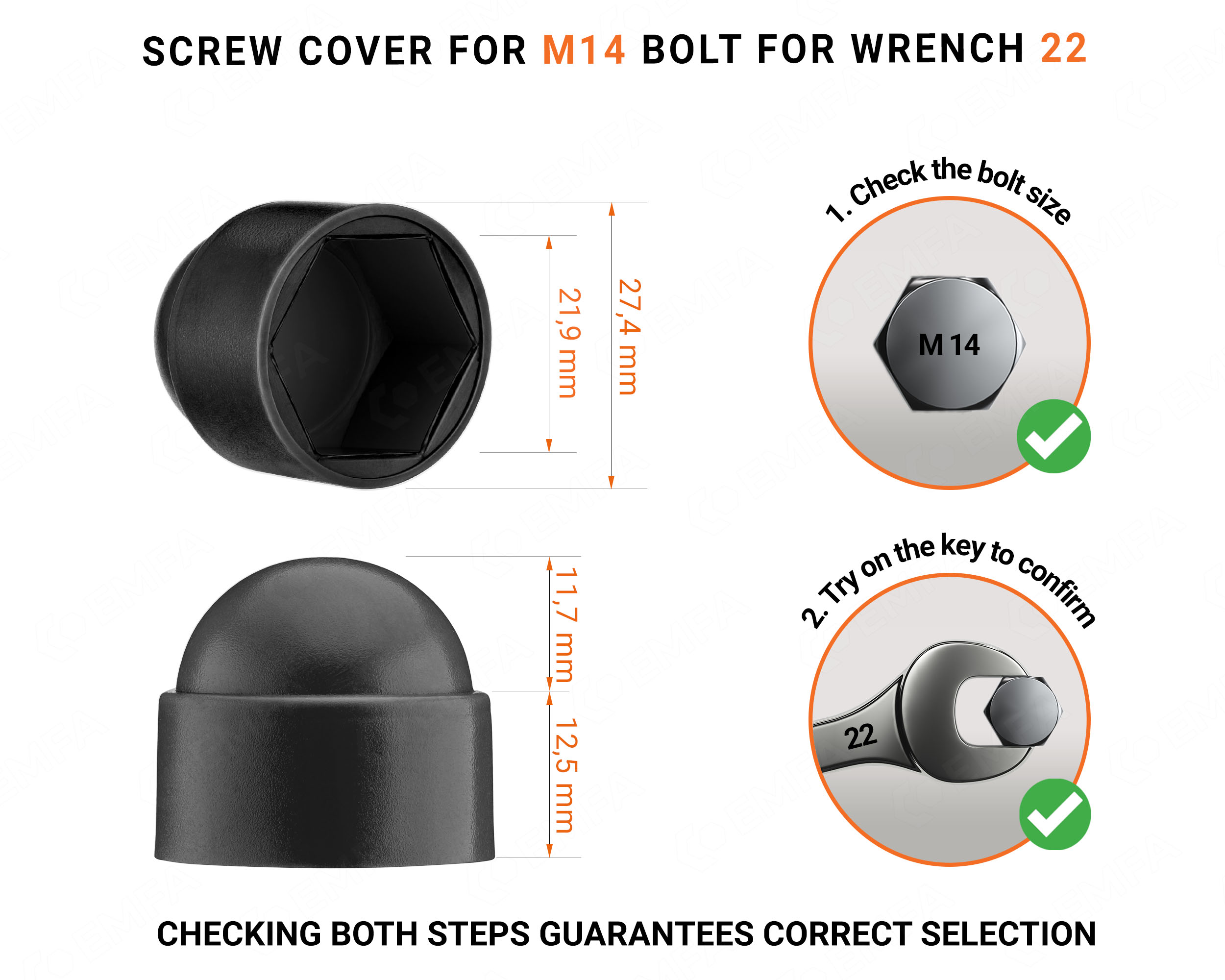 Plastic cap nut for M14 screw, M14 nut cap and 22 mm key in Black colour with dimensions and guide for correct measurement of the plastic screw cap.