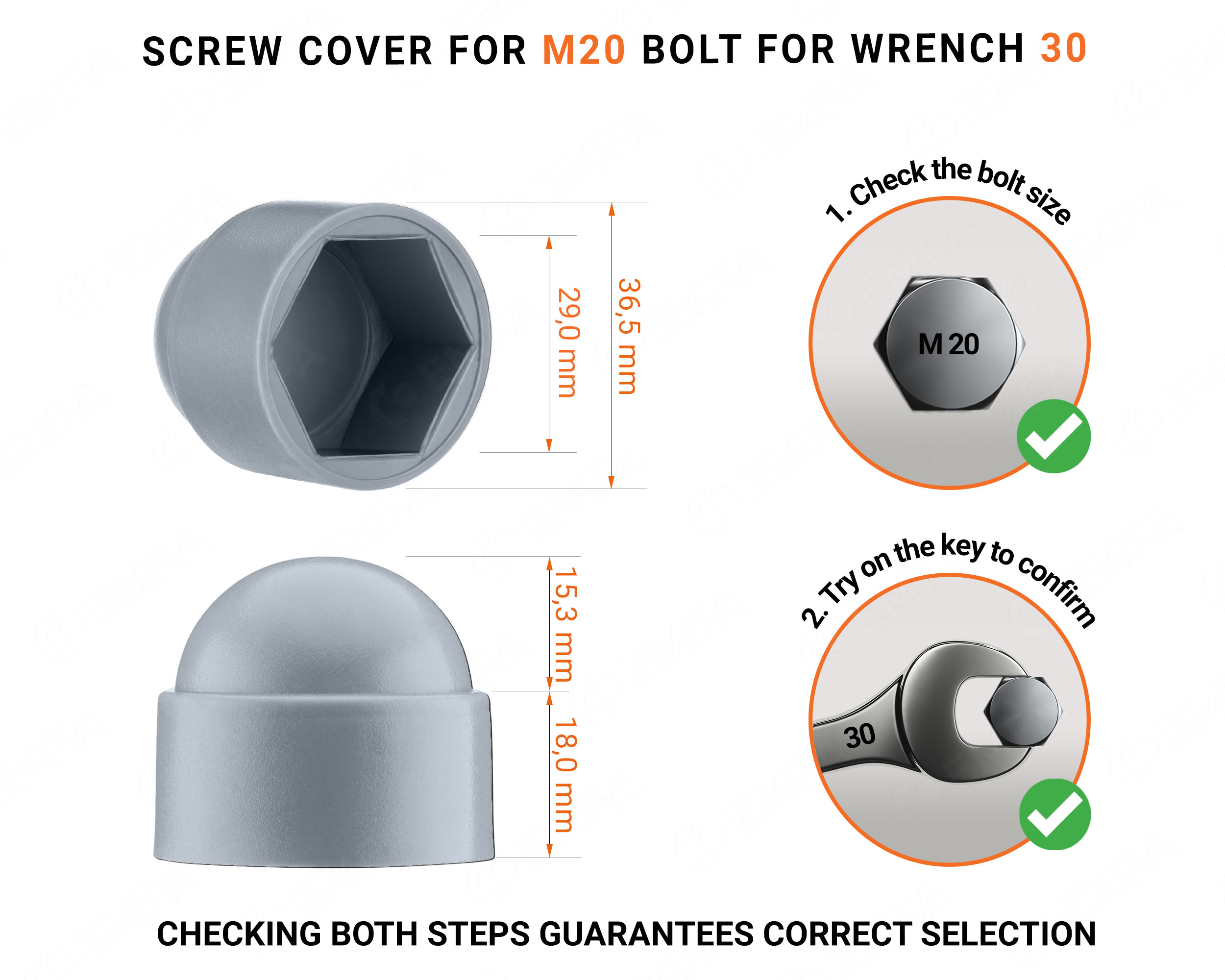 Plastic cap nut for M20 screw, M20 nut cap and 30 mm key in Grey colour with dimensions and guide for correct measurement of the plastic screw cap.