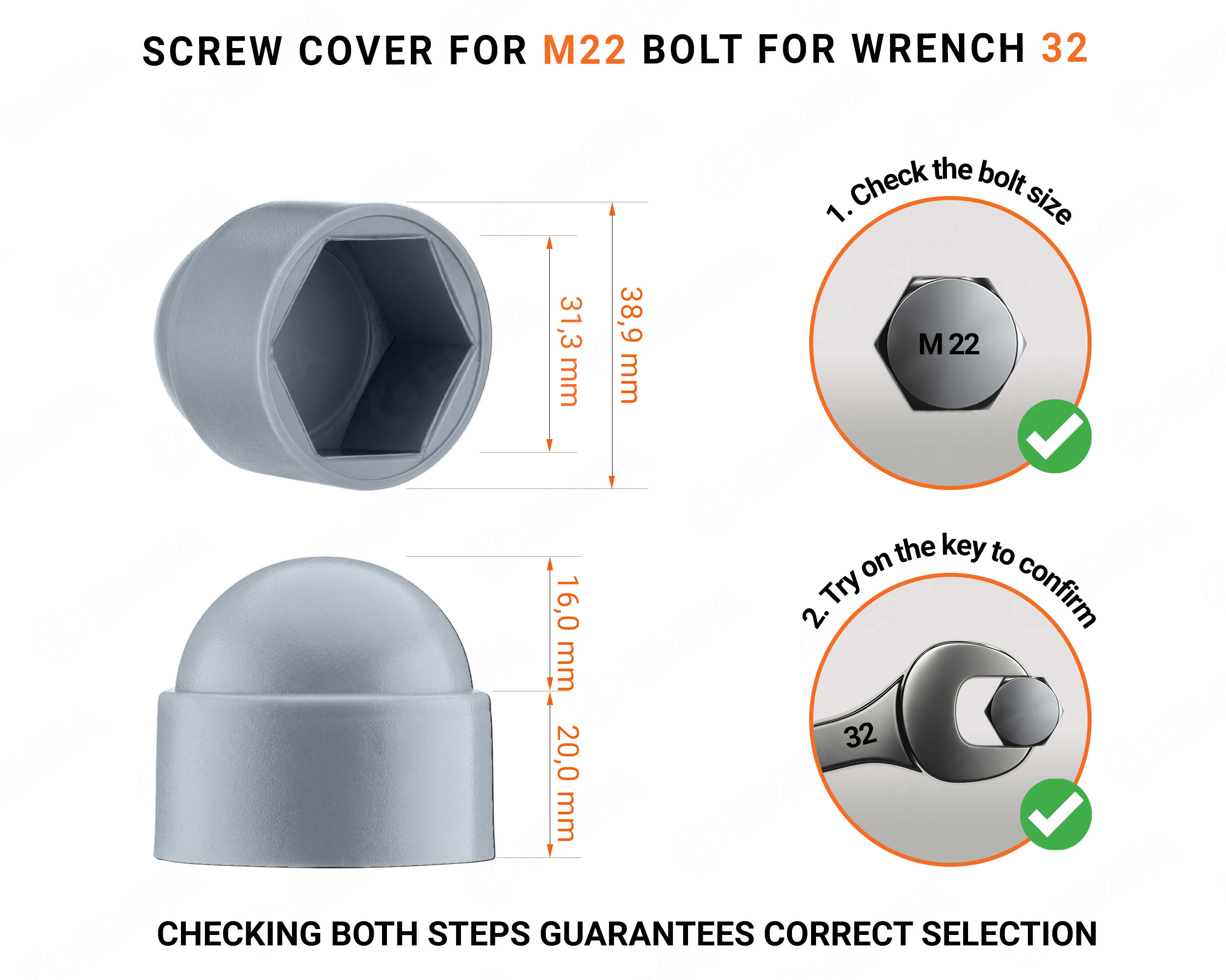 Plastic cap nut for M22 screw, M22 nut cap and 32 mm key in Grey colour with dimensions and guide for correct measurement of the plastic screw cap.