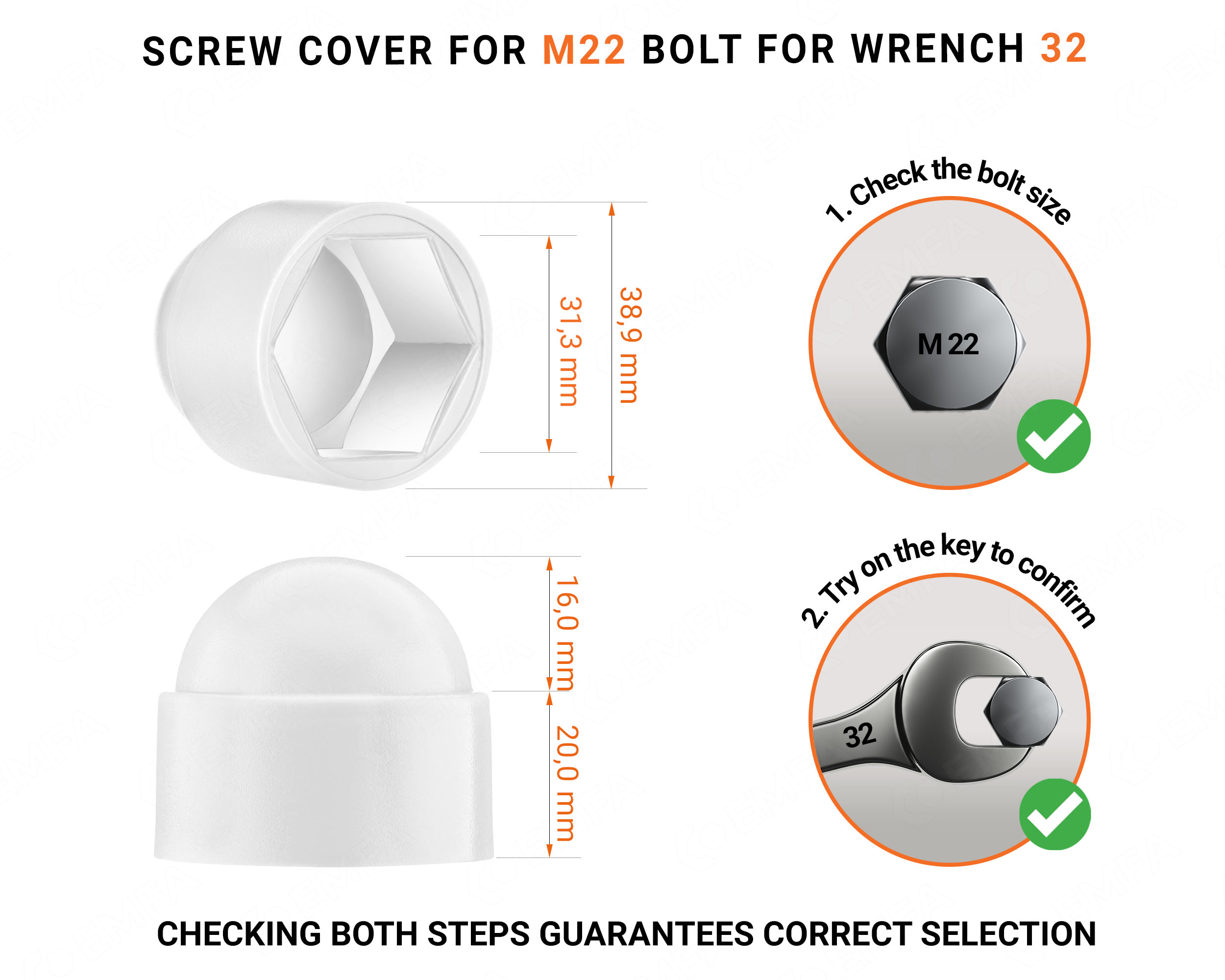 Plastic cap nut for M22 screw, M22 nut cap and 32 mm key in White colour with dimensions and guide for correct measurement of the plastic screw cap.