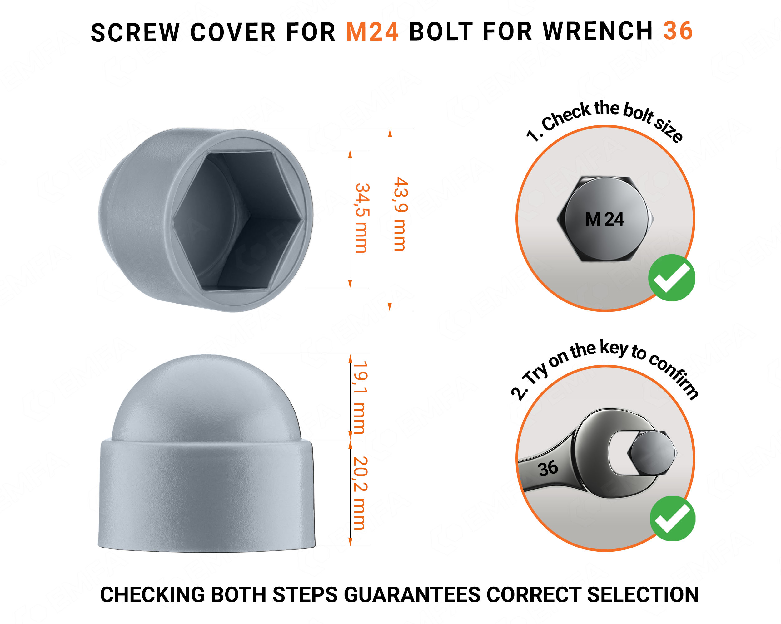 Plastic cap nut for M24 screw, M24 nut cap and 36 mm key in Grey colour with dimensions and guide for correct measurement of the plastic screw cap.