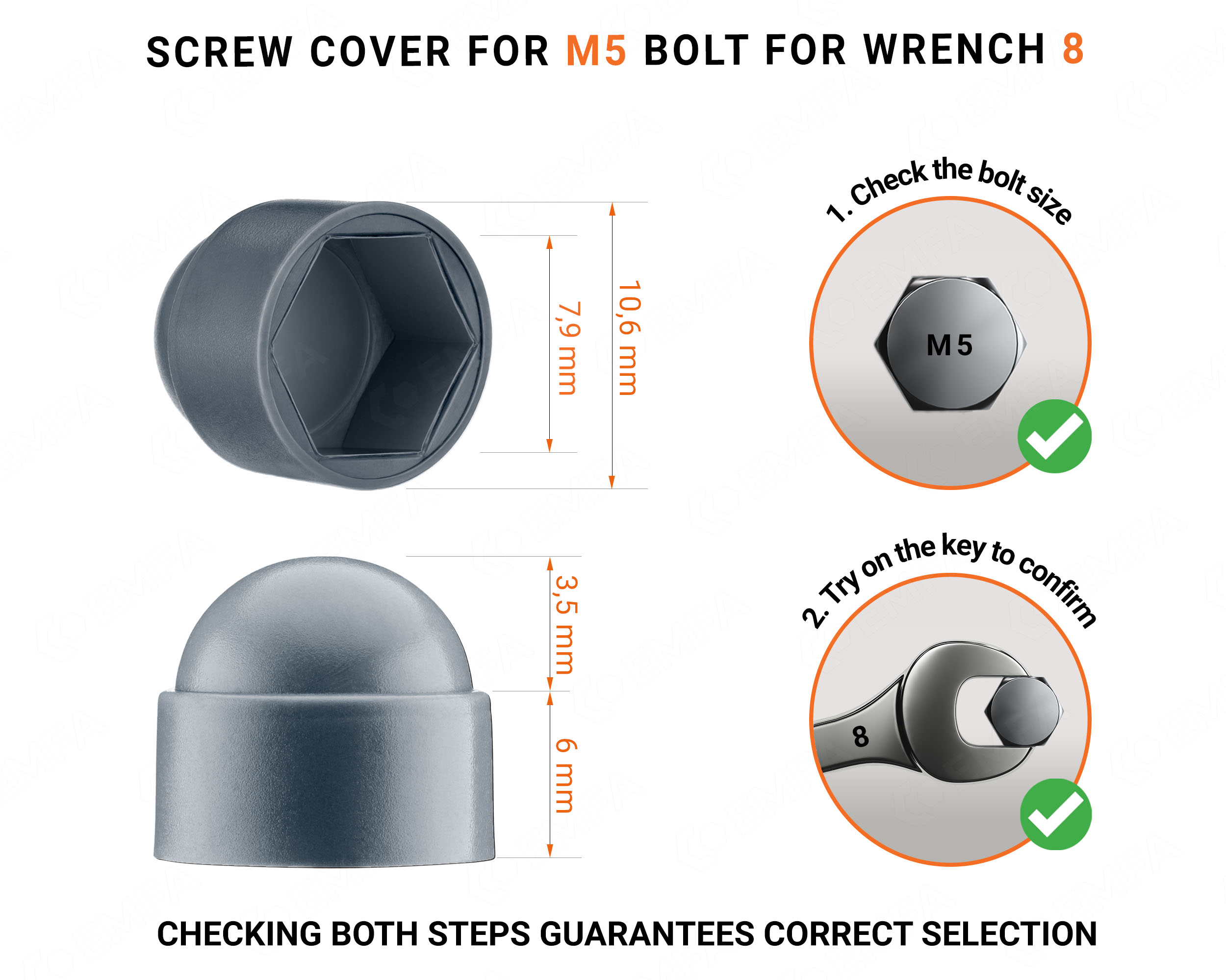 Plastic cap nut for M5 screw, M5 nut cap and 8 mm key in Anthracite colour with dimensions and guide for correct measurement of the plastic screw cap.