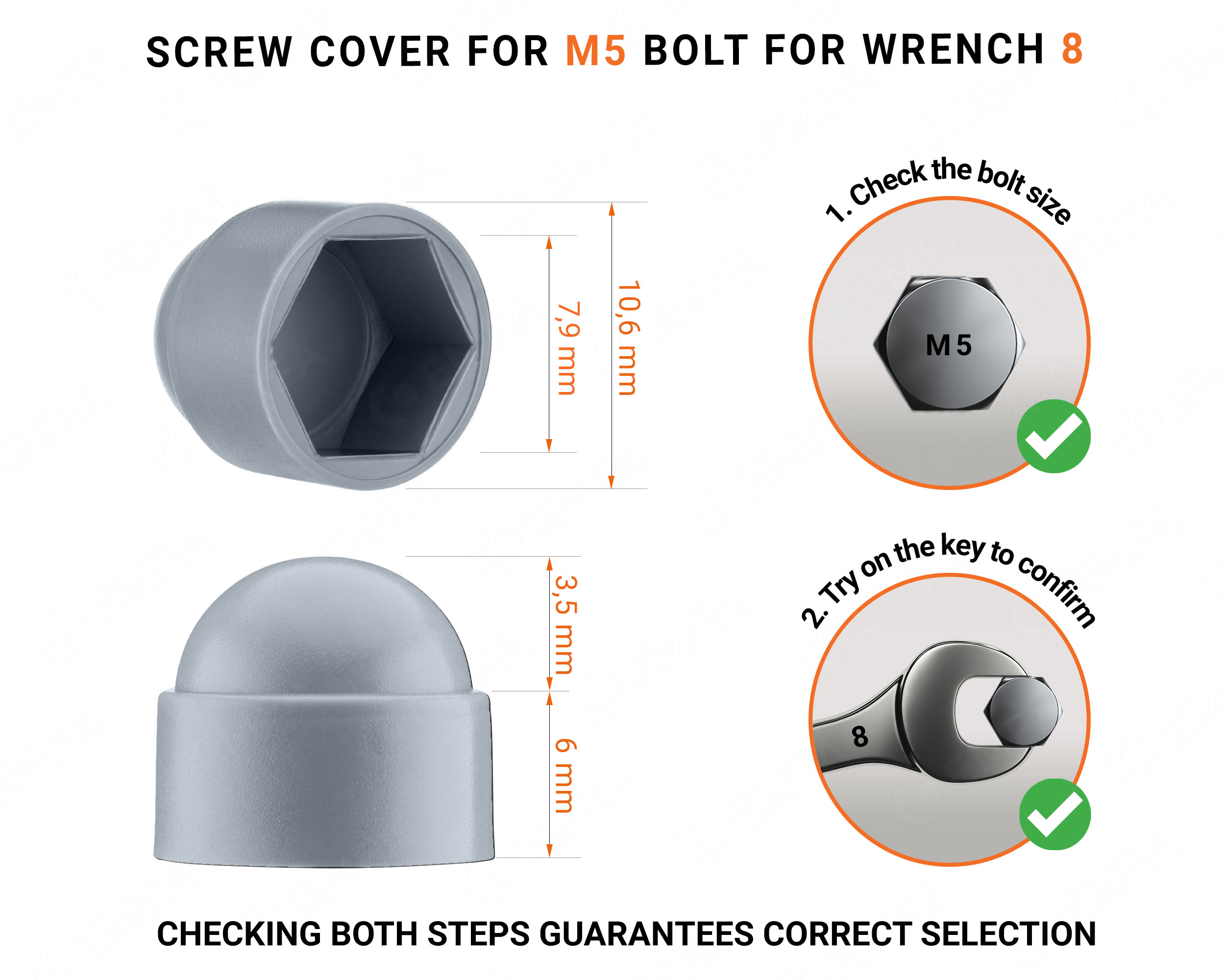 Plastic cap nut for M5 screw, M5 nut cap and 8 mm key in Grey colour with dimensions and guide for correct measurement of the plastic screw cap.