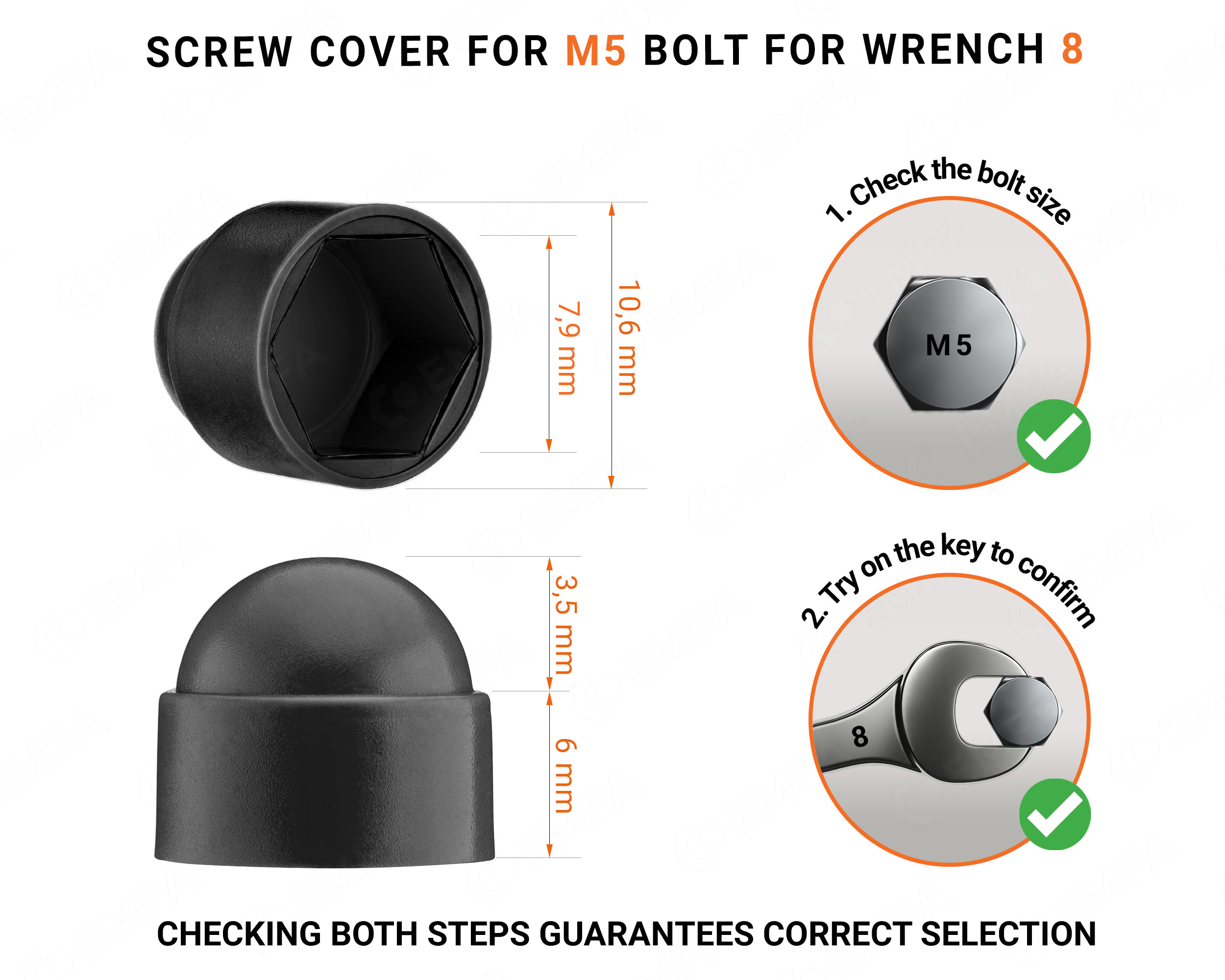 Plastic cap nut for M5 screw, M5 nut cap and 8 mm key in Black colour with dimensions and guide for correct measurement of the plastic screw cap.