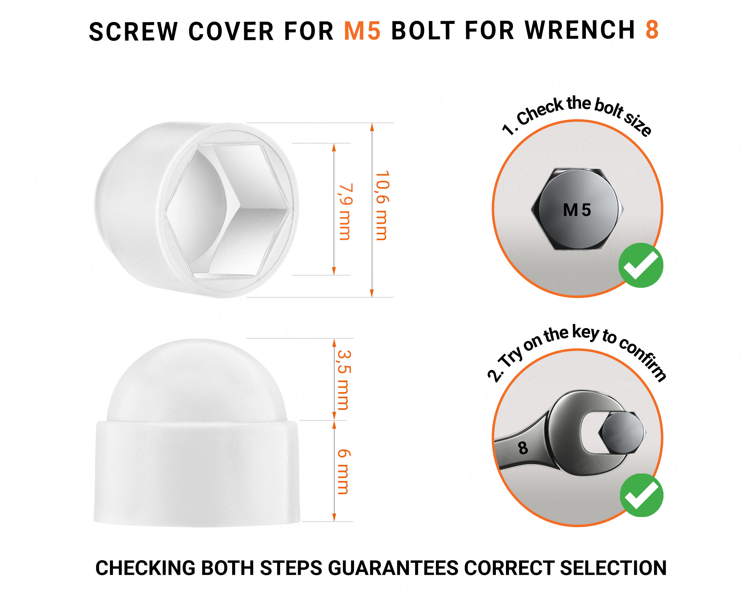 Plastic cap nut for M5 screw, M5 nut cap and 8 mm key in White colour with dimensions and guide for correct measurement of the plastic screw cap.