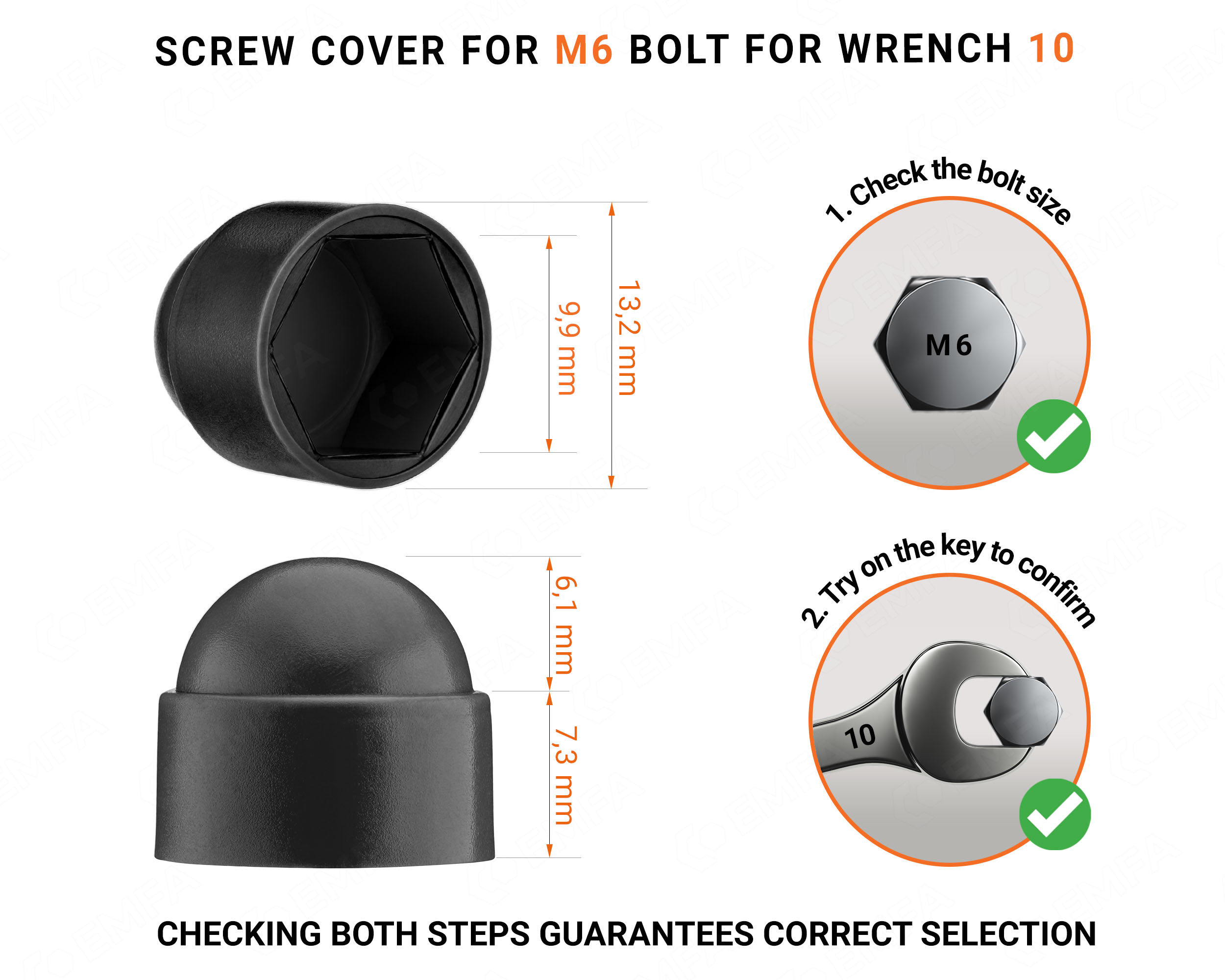 Plastic cap nut for M6 screw, M6 nut cap and 10 mm key in Black colour with dimensions and guide for correct measurement of the plastic screw cap.