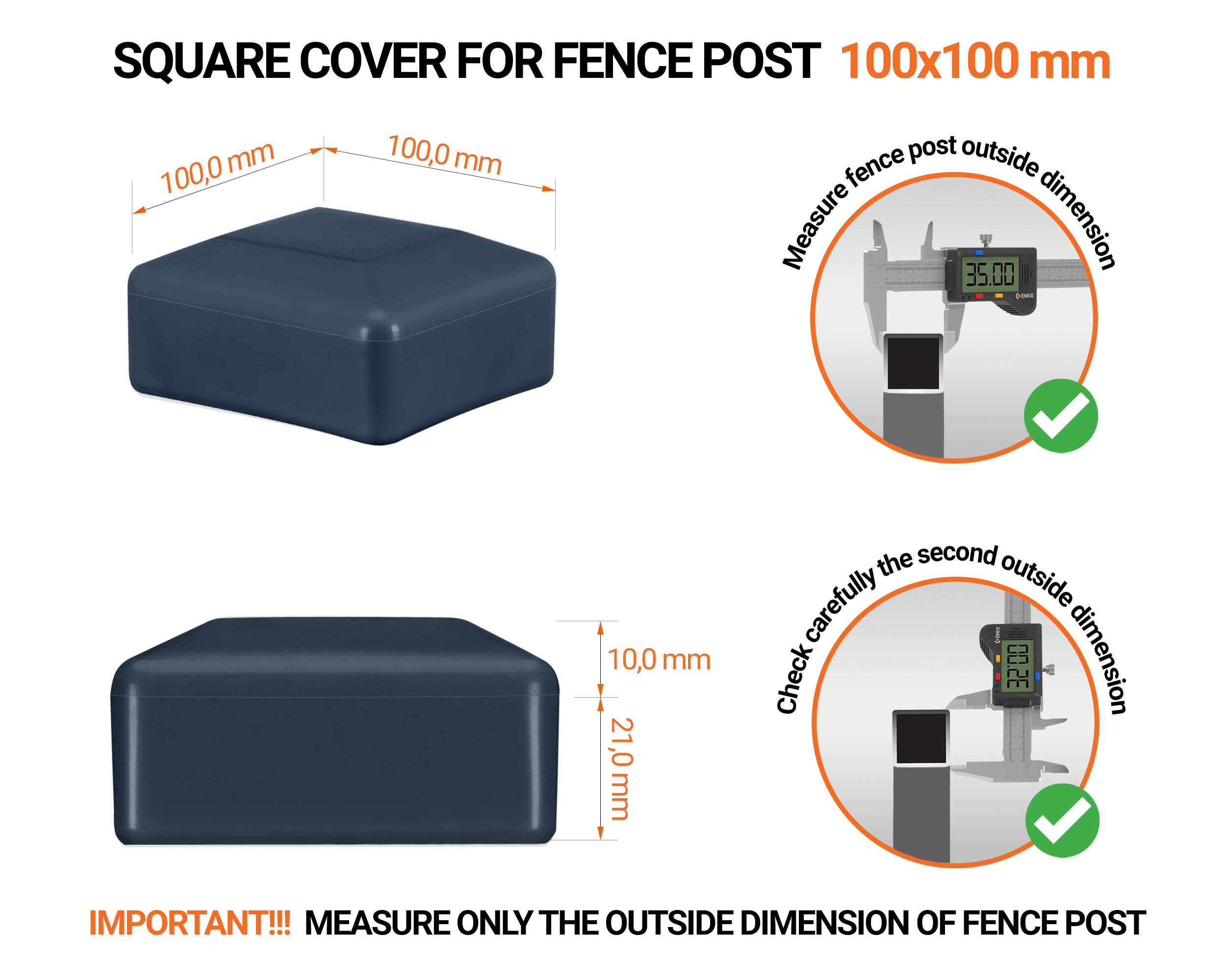 Anthracite plastic caps for square fence posts. Plastic end cap for 100x100 mm posts. Dimensions chart and guide for correct fence post cap measurement.