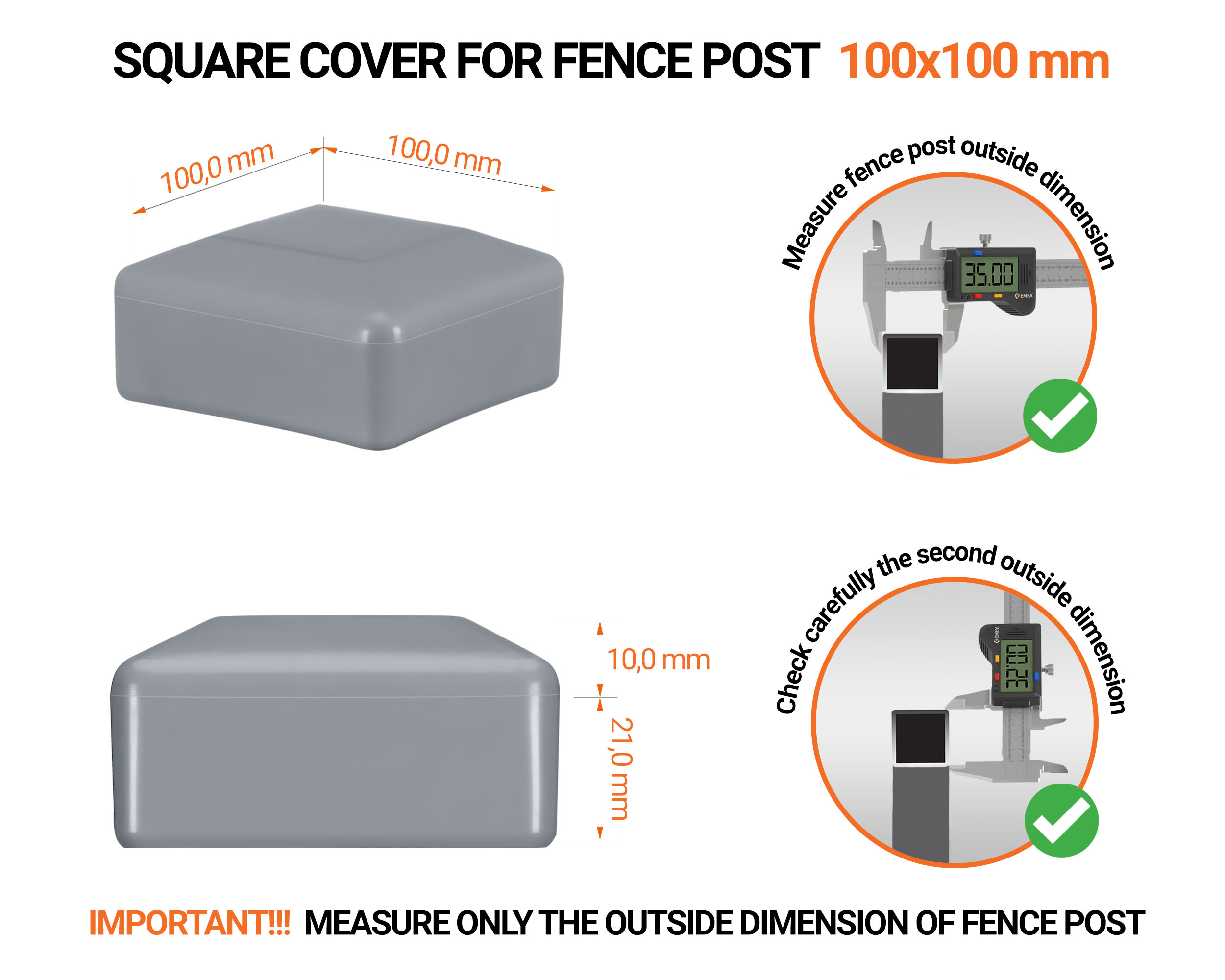 Grey plastic caps for square fence posts. Plastic end cap for 100x100 mm posts. Dimensions chart and guide for correct fence post cap measurement.