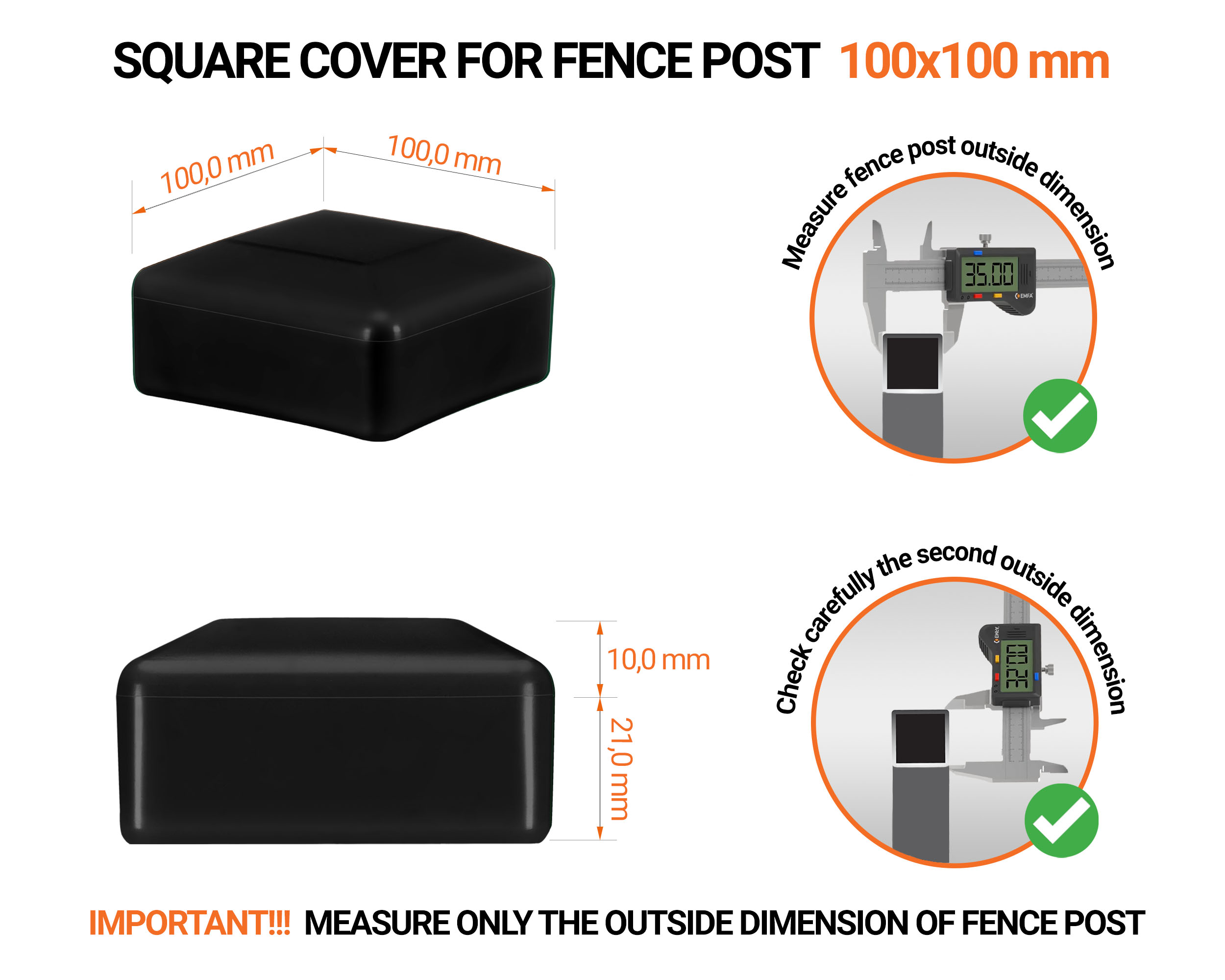 Black plastic caps for square fence posts. Plastic end cap for 100x100 mm posts. Dimensions chart and guide for correct fence post cap measurement.