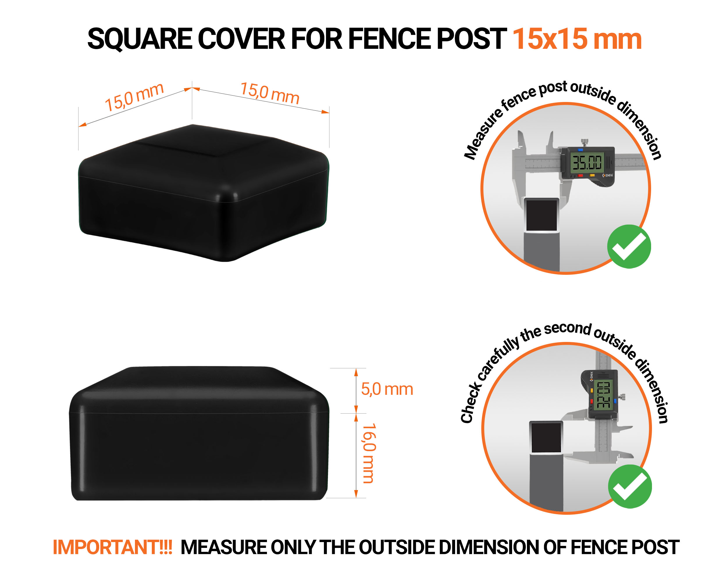 Black plastic caps for square fence posts. Plastic end cap for 15x15 mm posts. Dimensions chart and guide for correct fence post cap measurement.