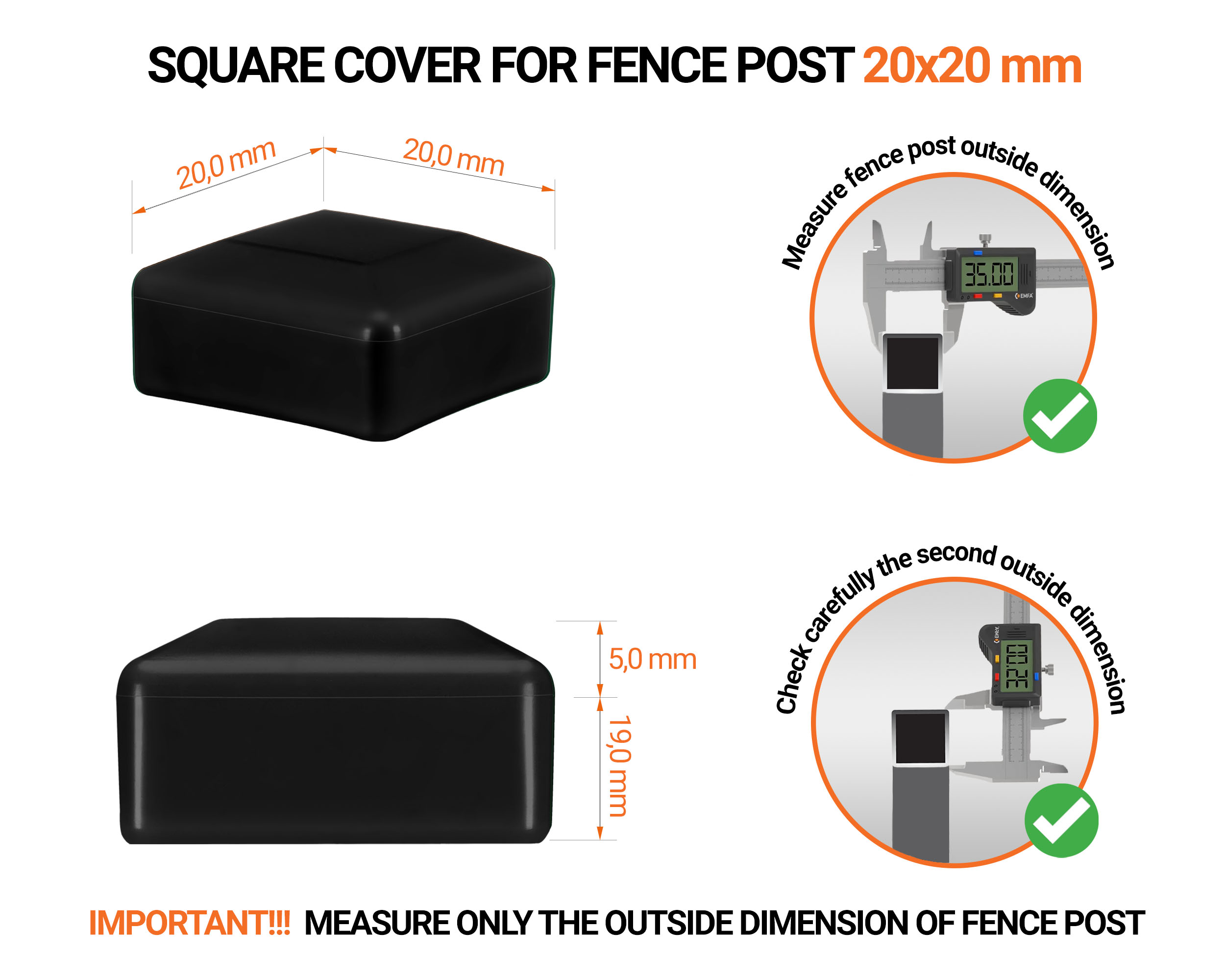 Black plastic caps for square fence posts. Plastic end cap for 20x20 mm posts. Dimensions chart and guide for correct fence post cap measurement.