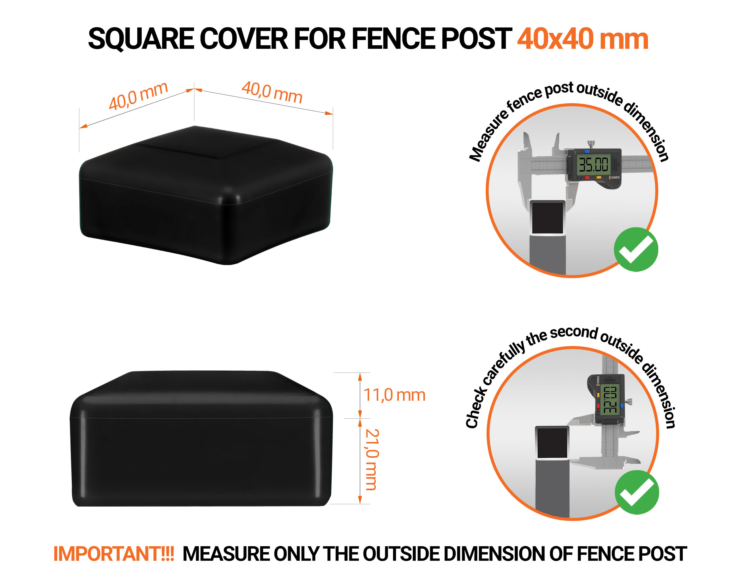 Black plastic caps for square fence posts. Plastic end cap for 40x40 mm posts. Dimensions chart and guide for correct fence post cap measurement.