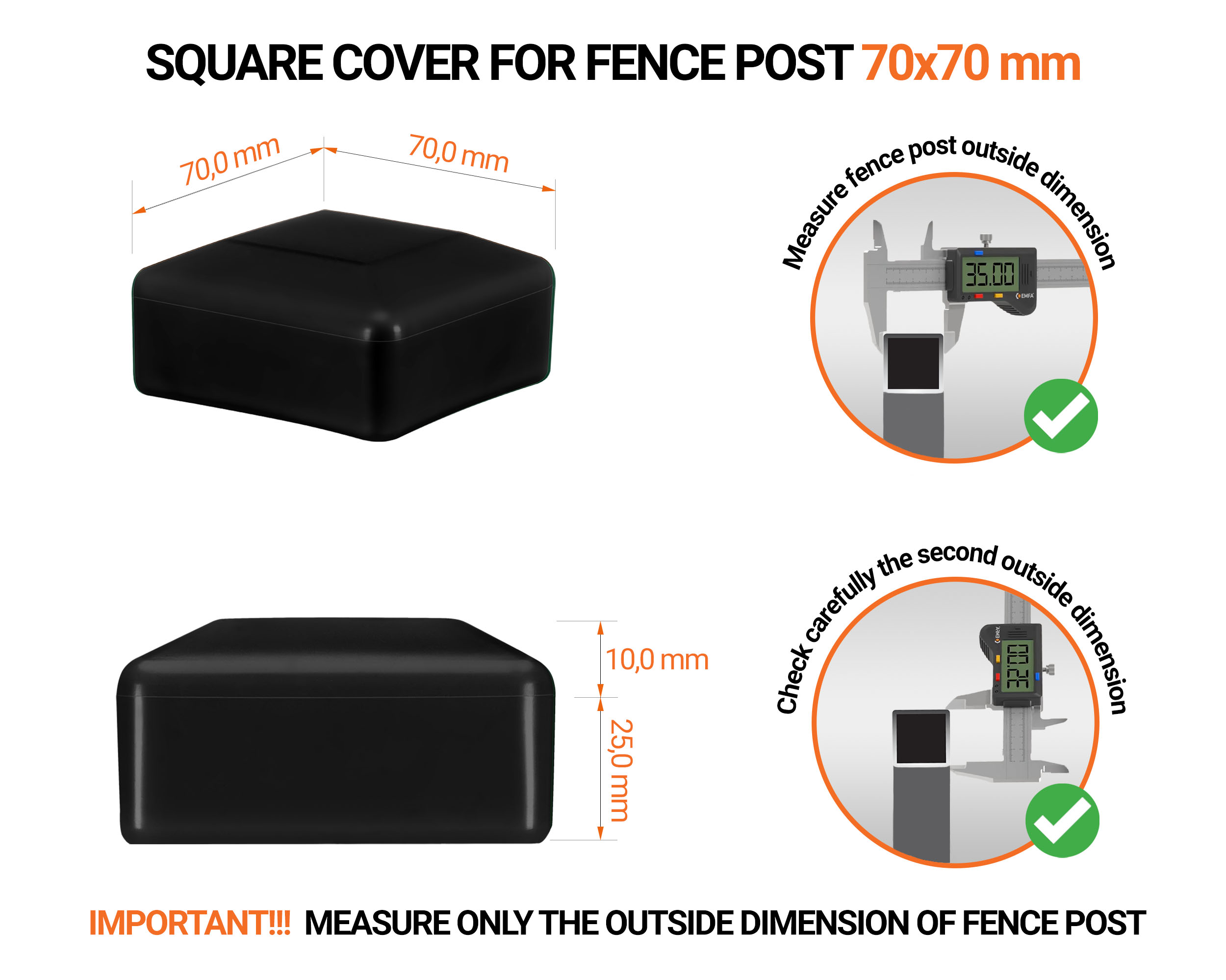 Black plastic caps for square fence posts. Plastic end cap for 70x70 mm posts. Dimensions chart and guide for correct fence post cap measurement.