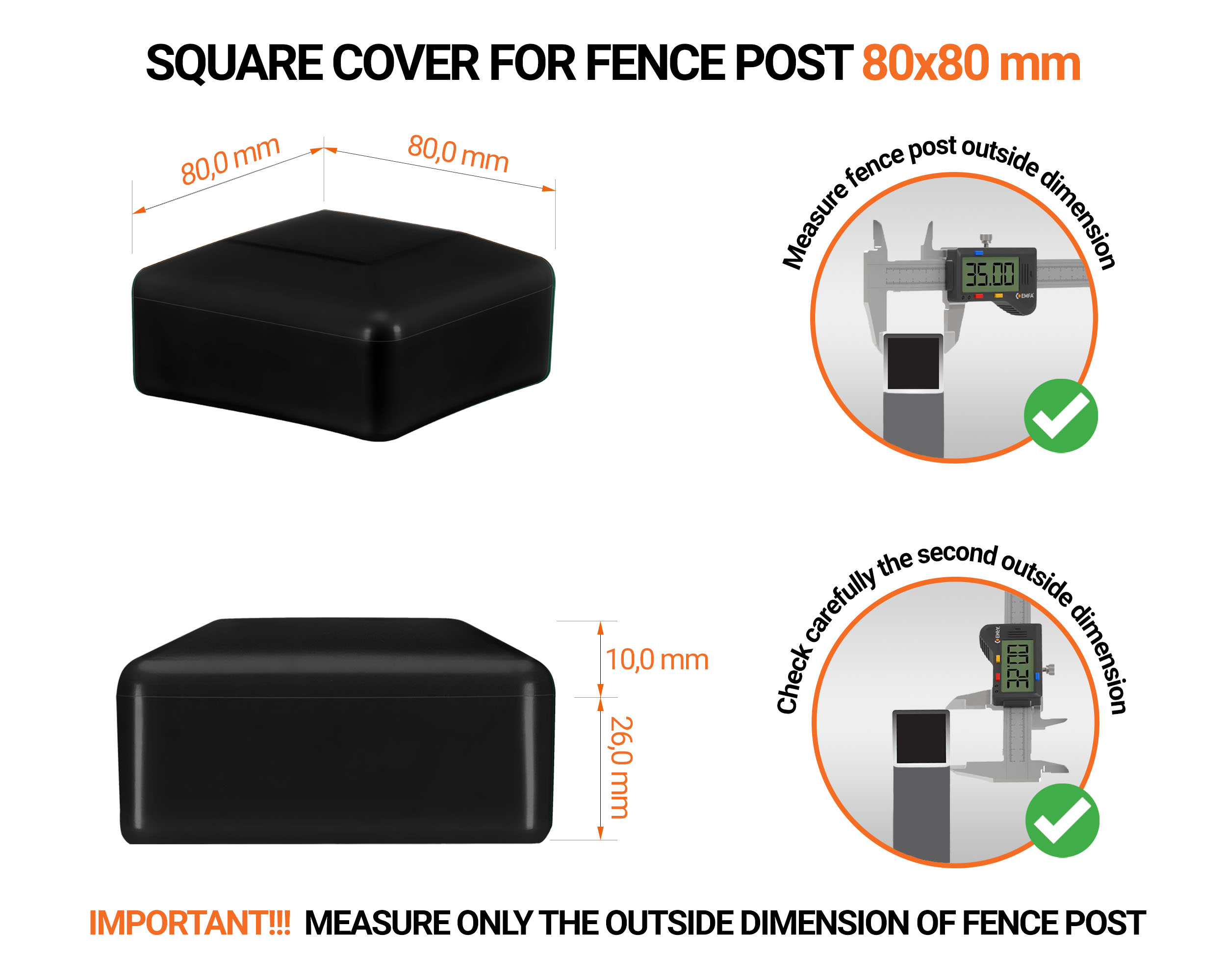 Black plastic caps for square fence posts. Plastic end cap for 80x80 mm posts. Dimensions chart and guide for correct fence post cap measurement.