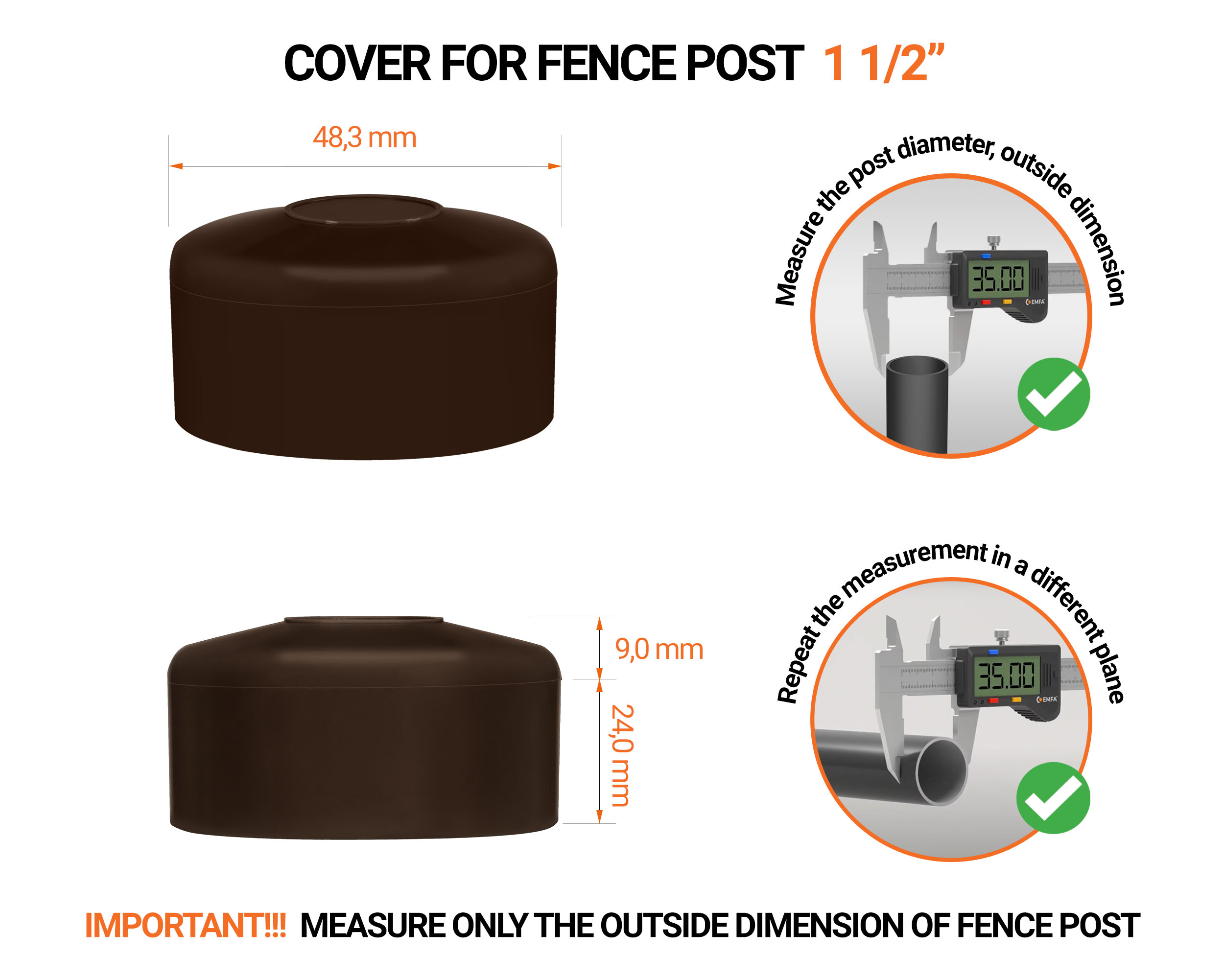 Brown plastic caps for round fence posts. Plastic cap for 1 1/2