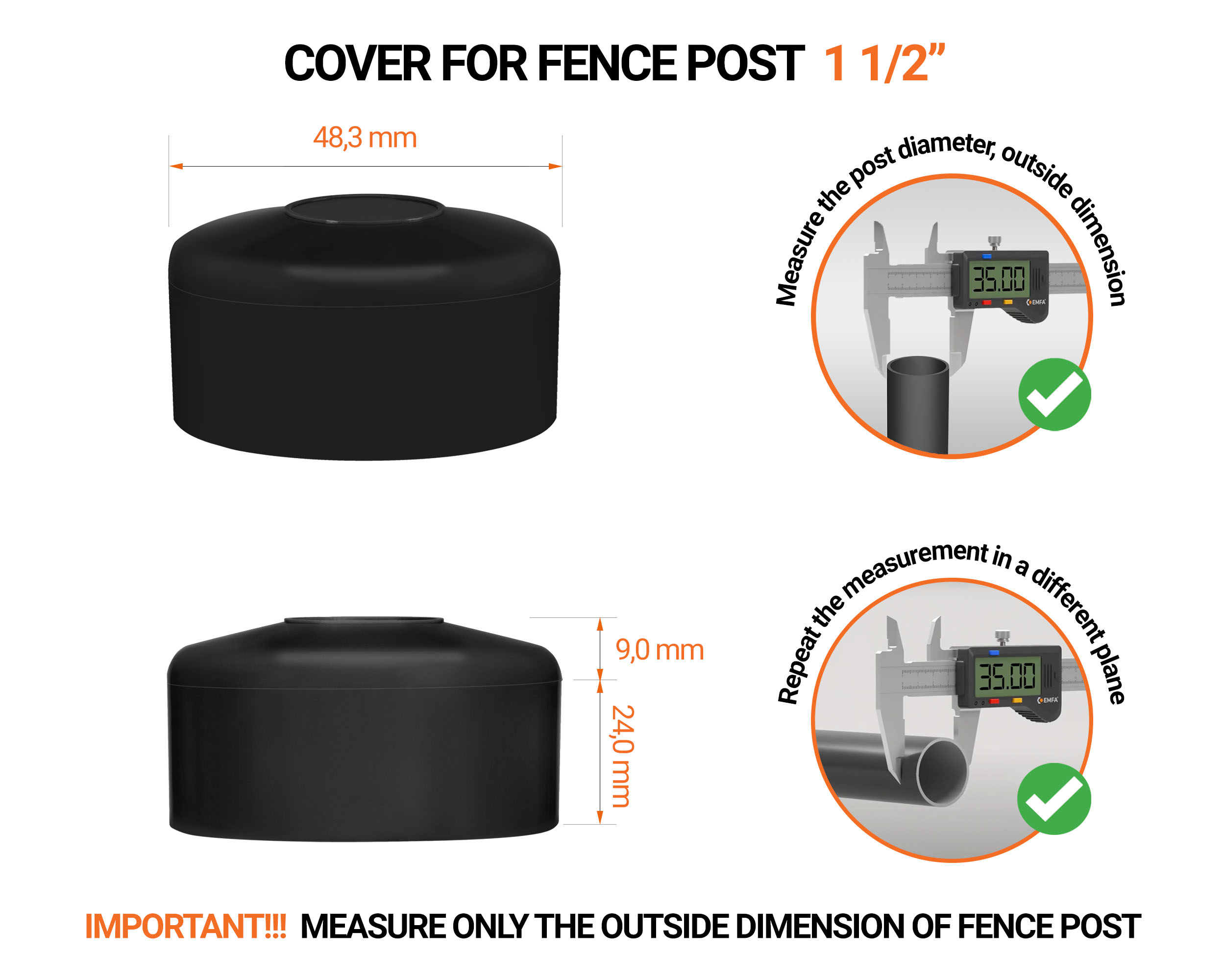 Black plastic caps for round fence posts. Plastic cap for 1 1/2