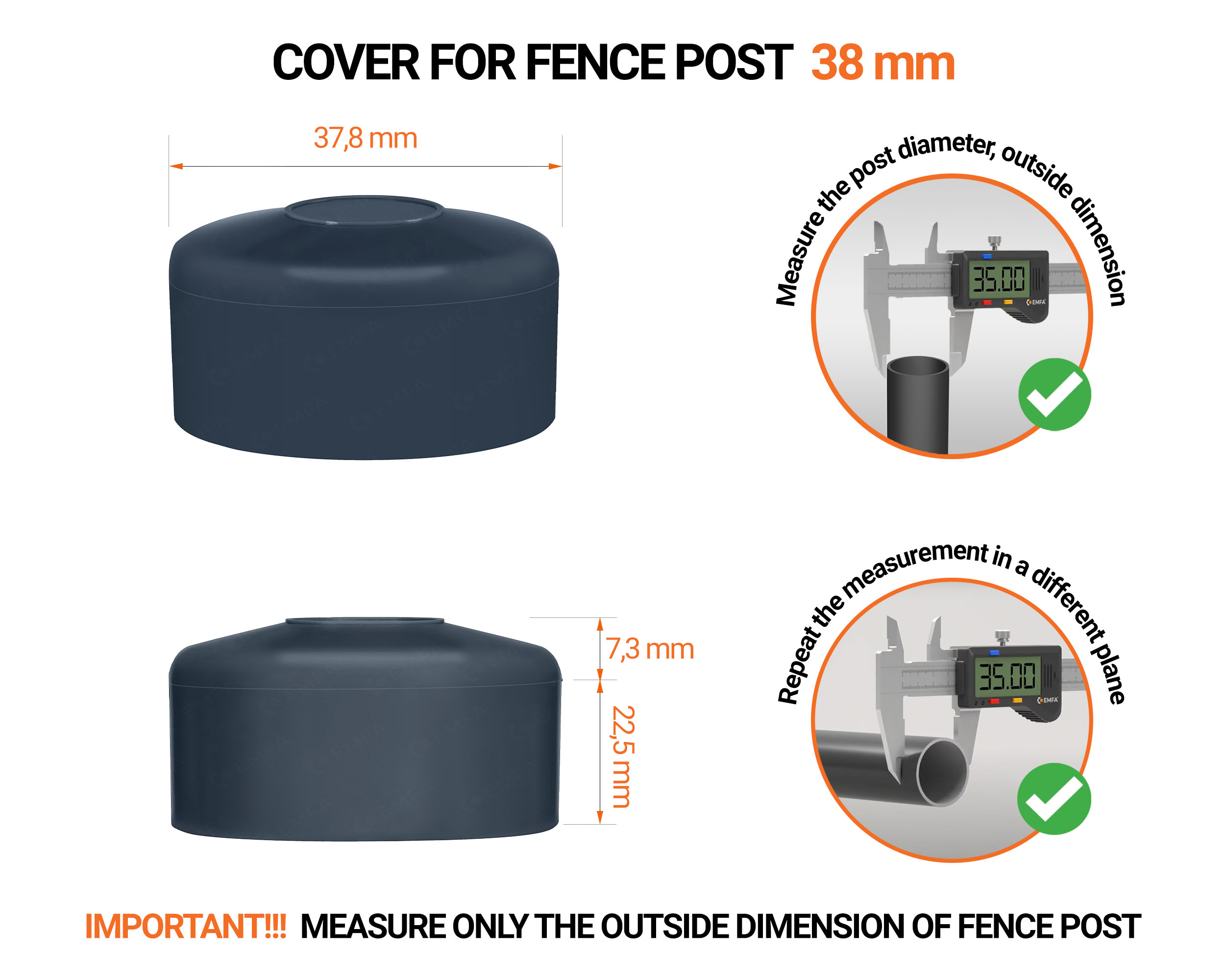 Anthracite plastic caps for round fence posts. Plastic cap for 38 mm fence post. Dimensions chart and guide for correct fence post cap measurement.