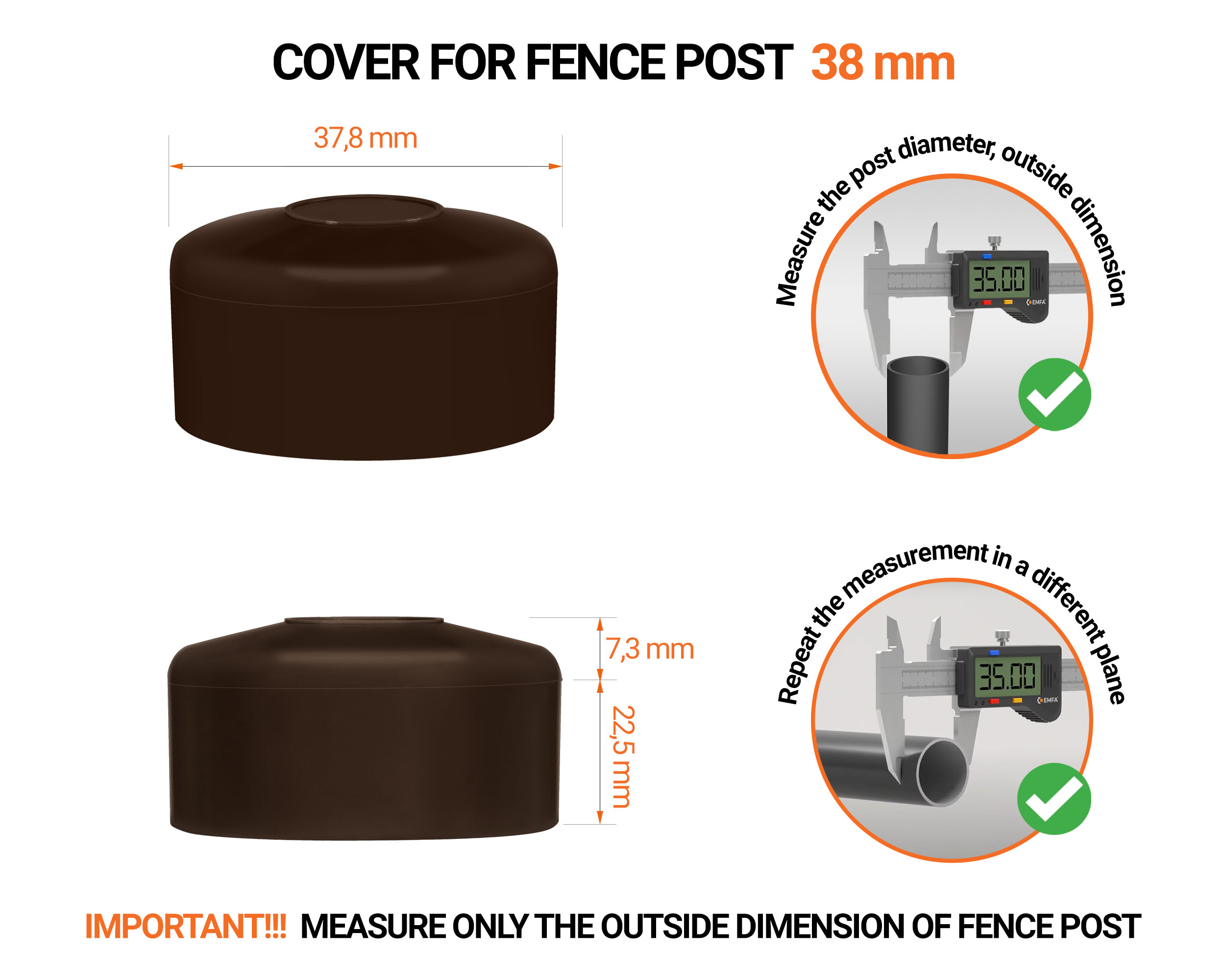 Brown plastic caps for round fence posts. Plastic cap for 38 mm fence post. Dimensions chart and guide for correct fence post cap measurement.